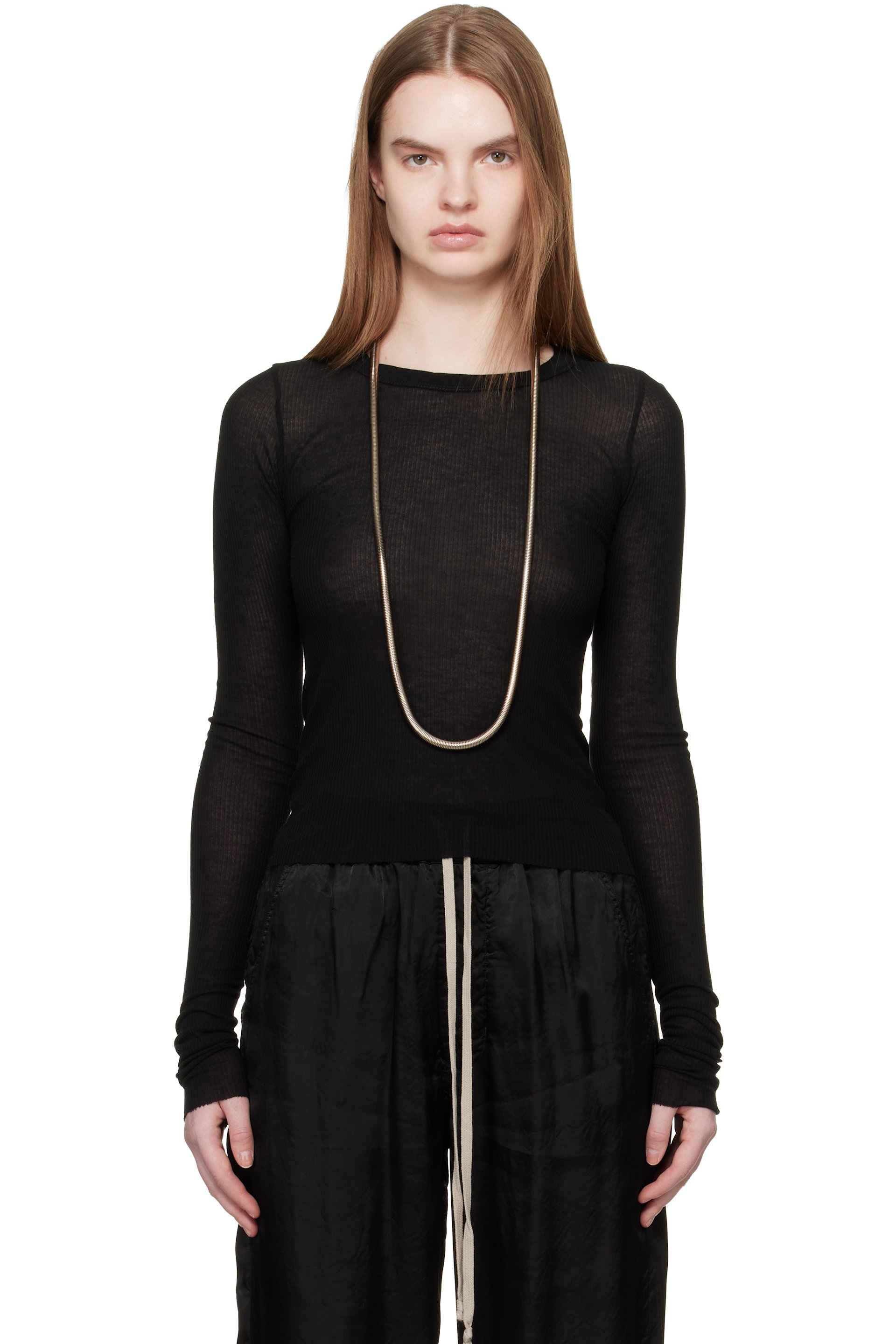 Rick Owens - T-shirt à manches longues écourté noir en tricot côtelé - Temple