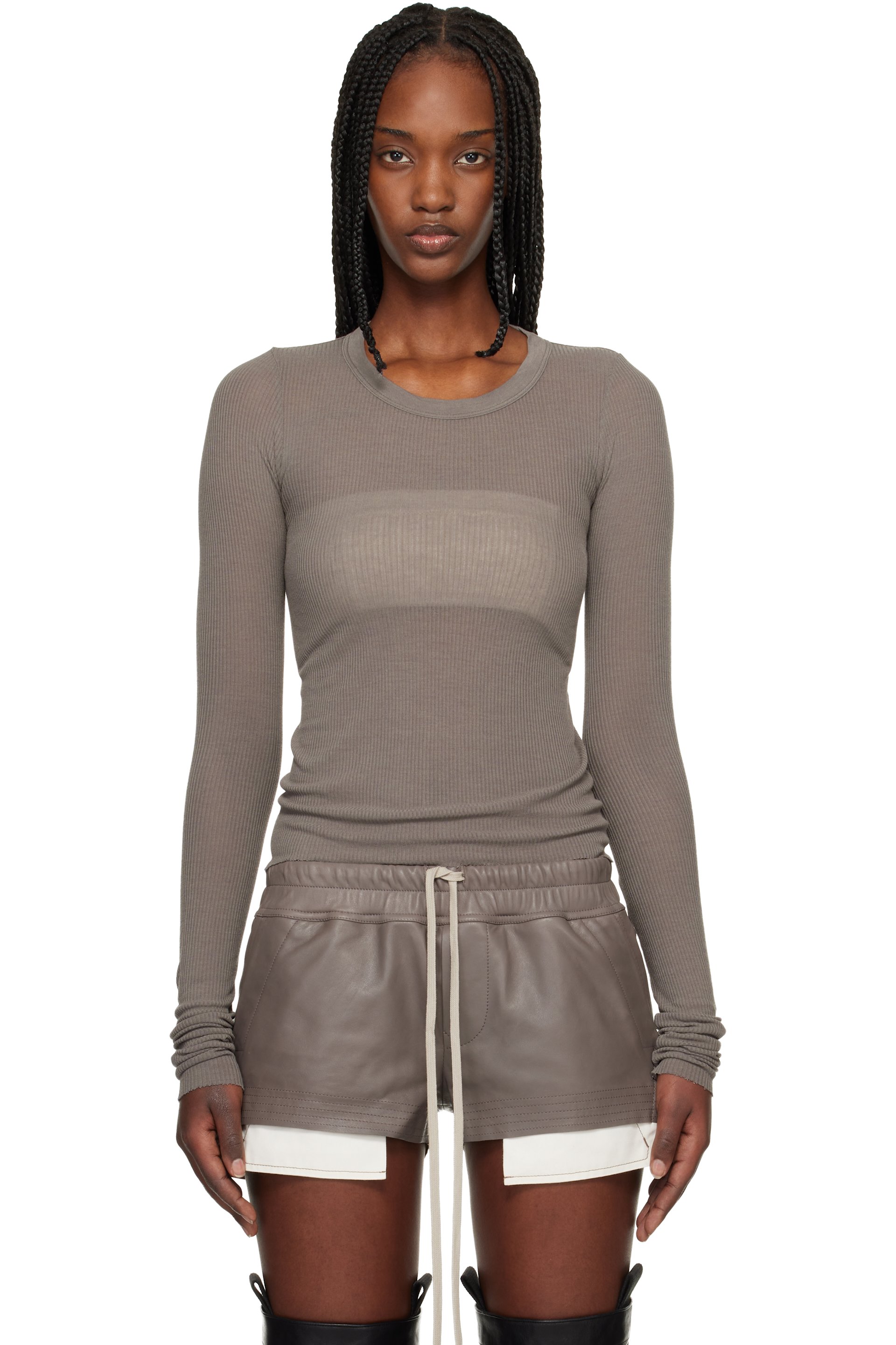 Rick Owens - T-shirt à manches longues écourté gris en tricot côtelé - Temple