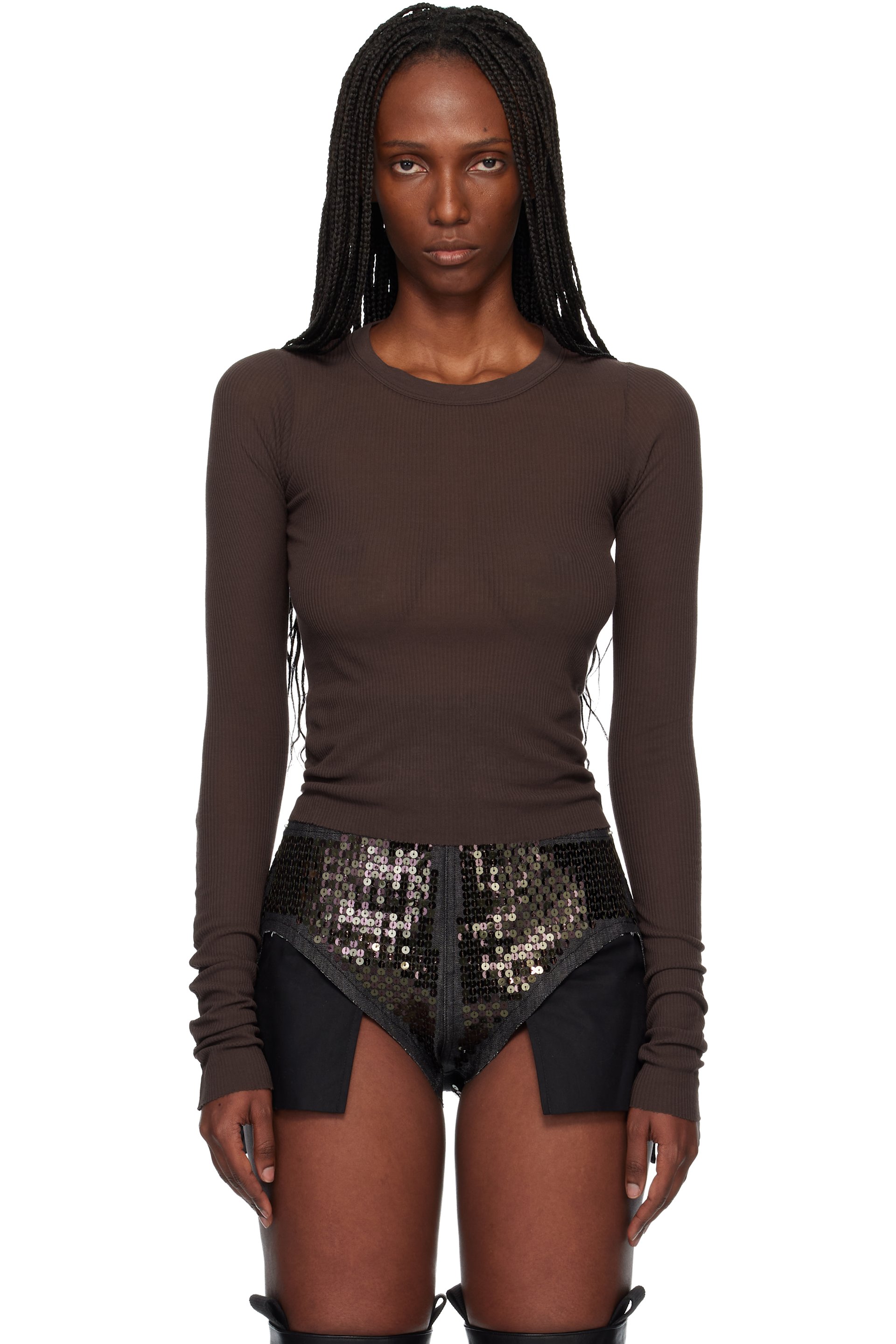 Rick Owens - T-shirt à manches longues écourté brun en tricot côtelé - Temple