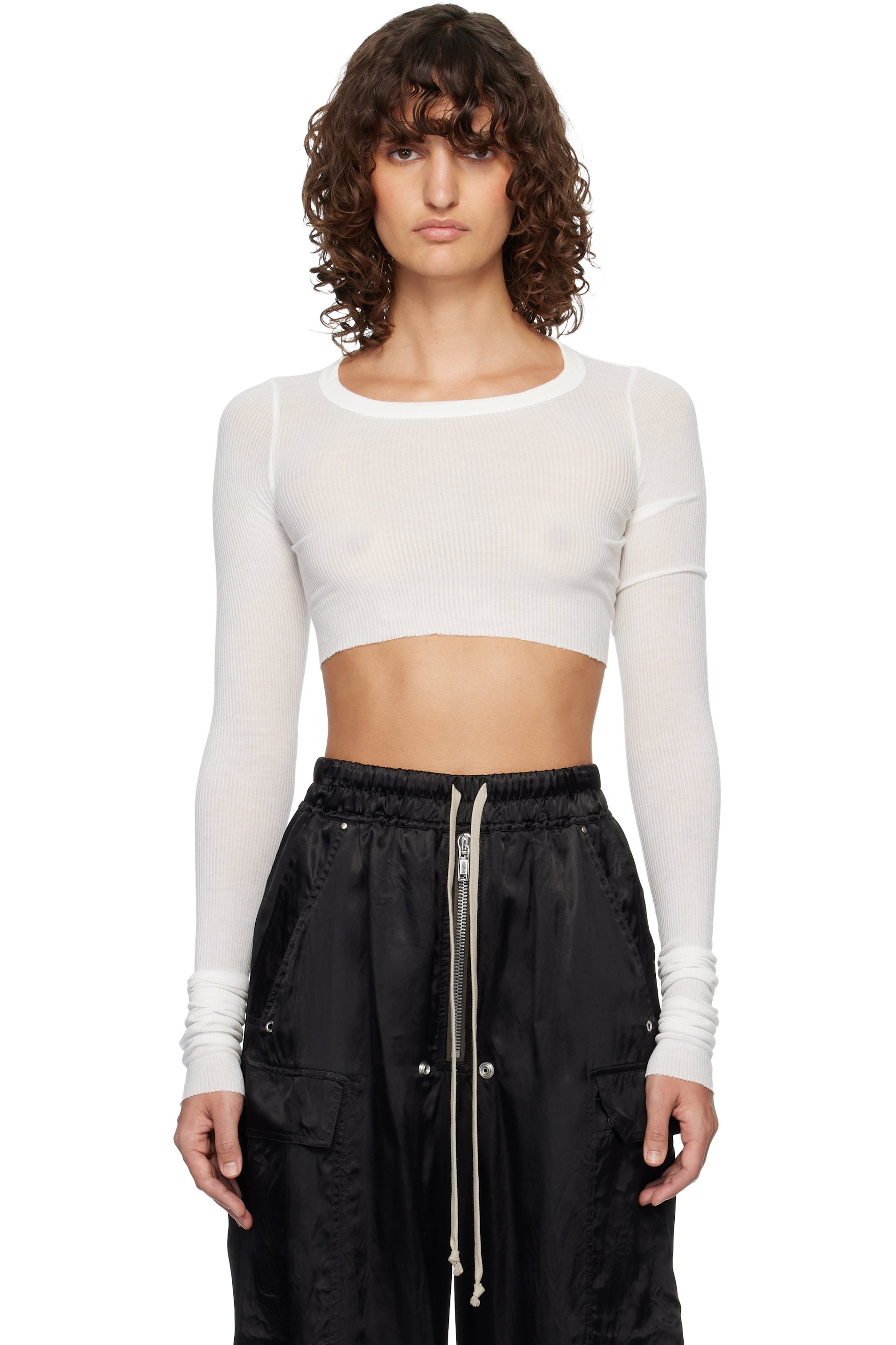 Rick Owens - T-shirt écourté à manches longues blanc cassé