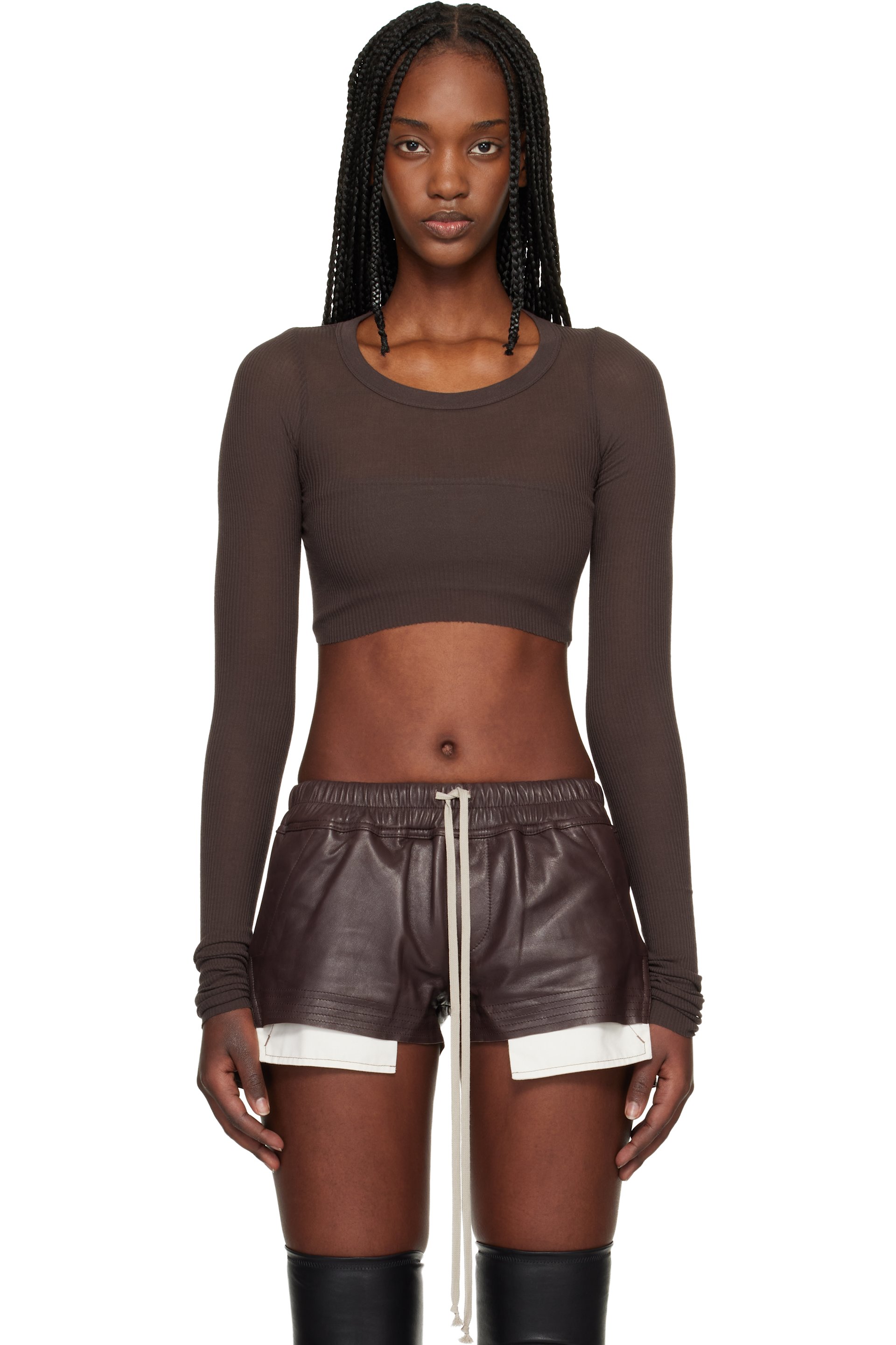 Rick Owens - T-shirt écourté à manches longues brun