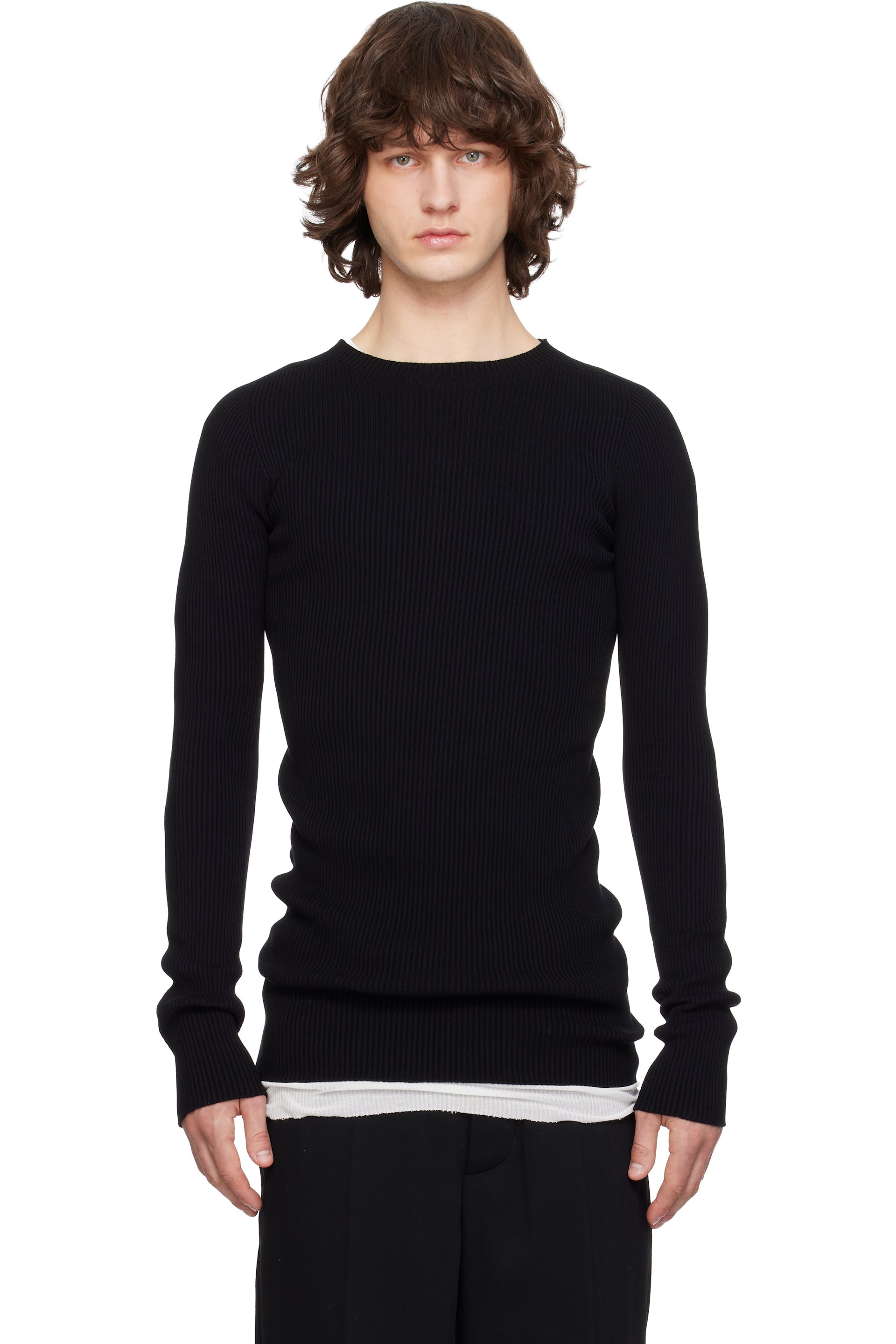 Rick Owens - Pull noir en tricot côtelé à col ras du cou - Temple