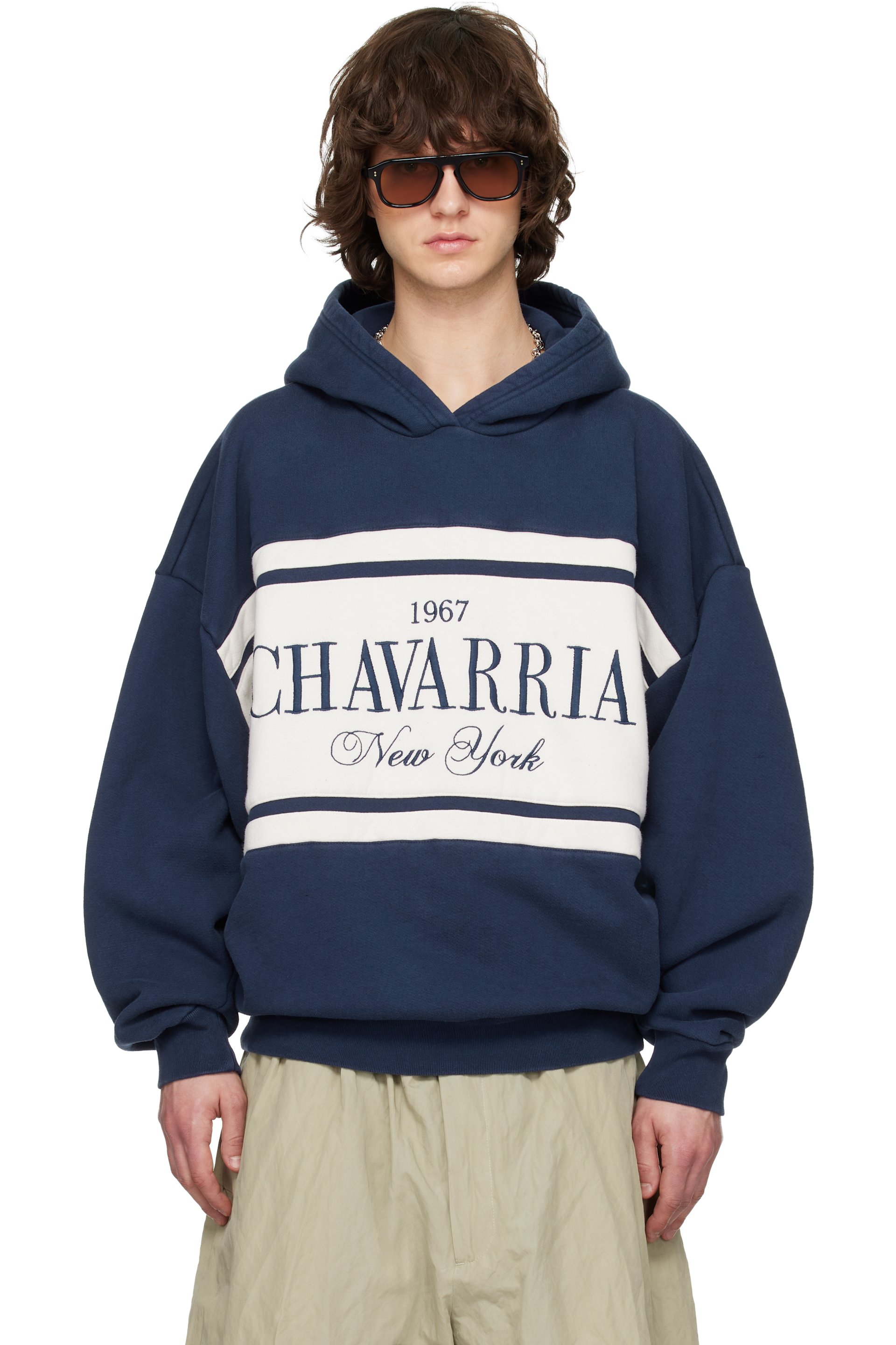 WILLY CHAVARRIA - Pull à capuche Gilroy bleu marine à rayures et à logo