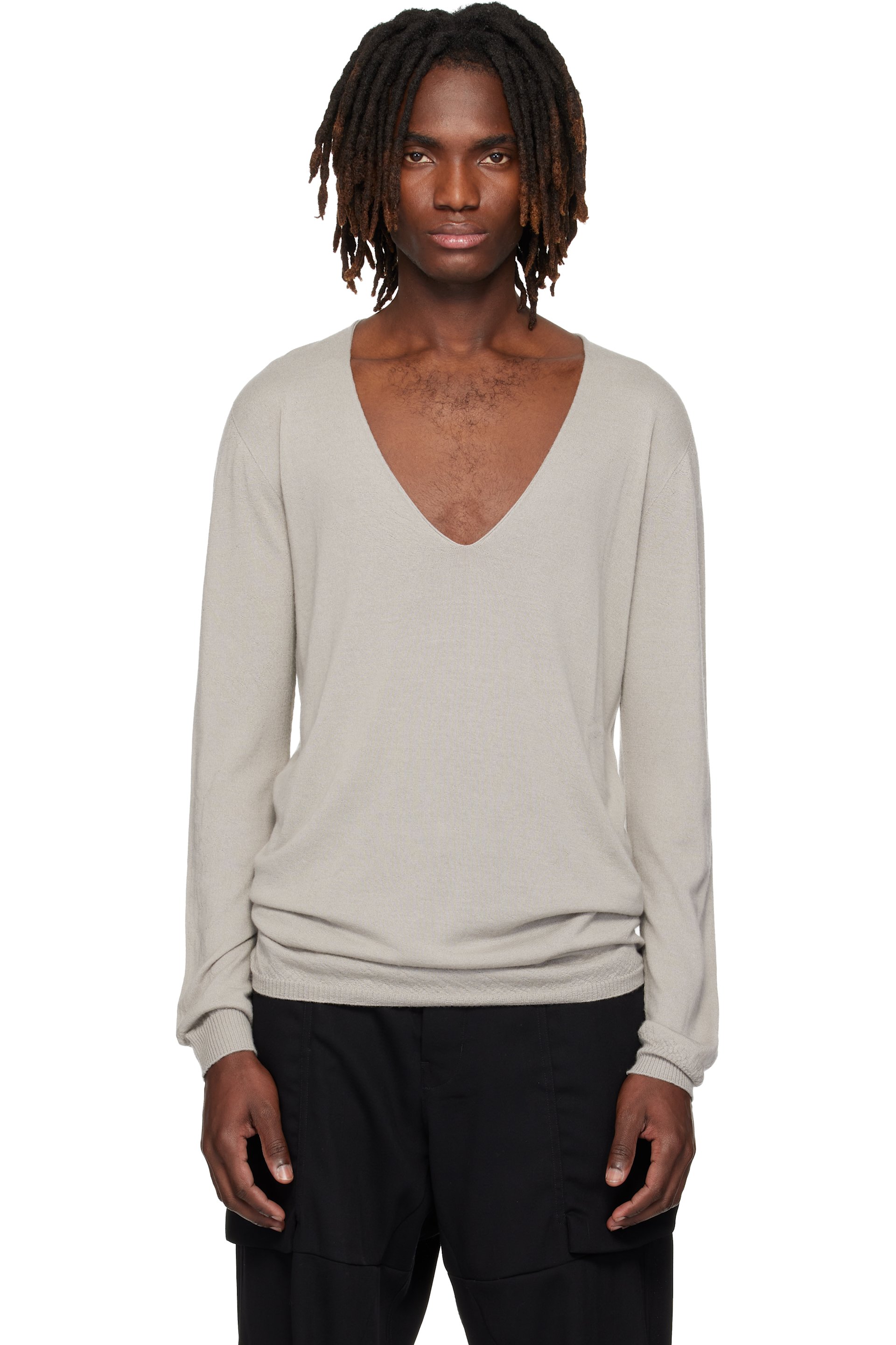Rick Owens - Pull surdimensionné blanc cassé à col en V plongeant - Temple
