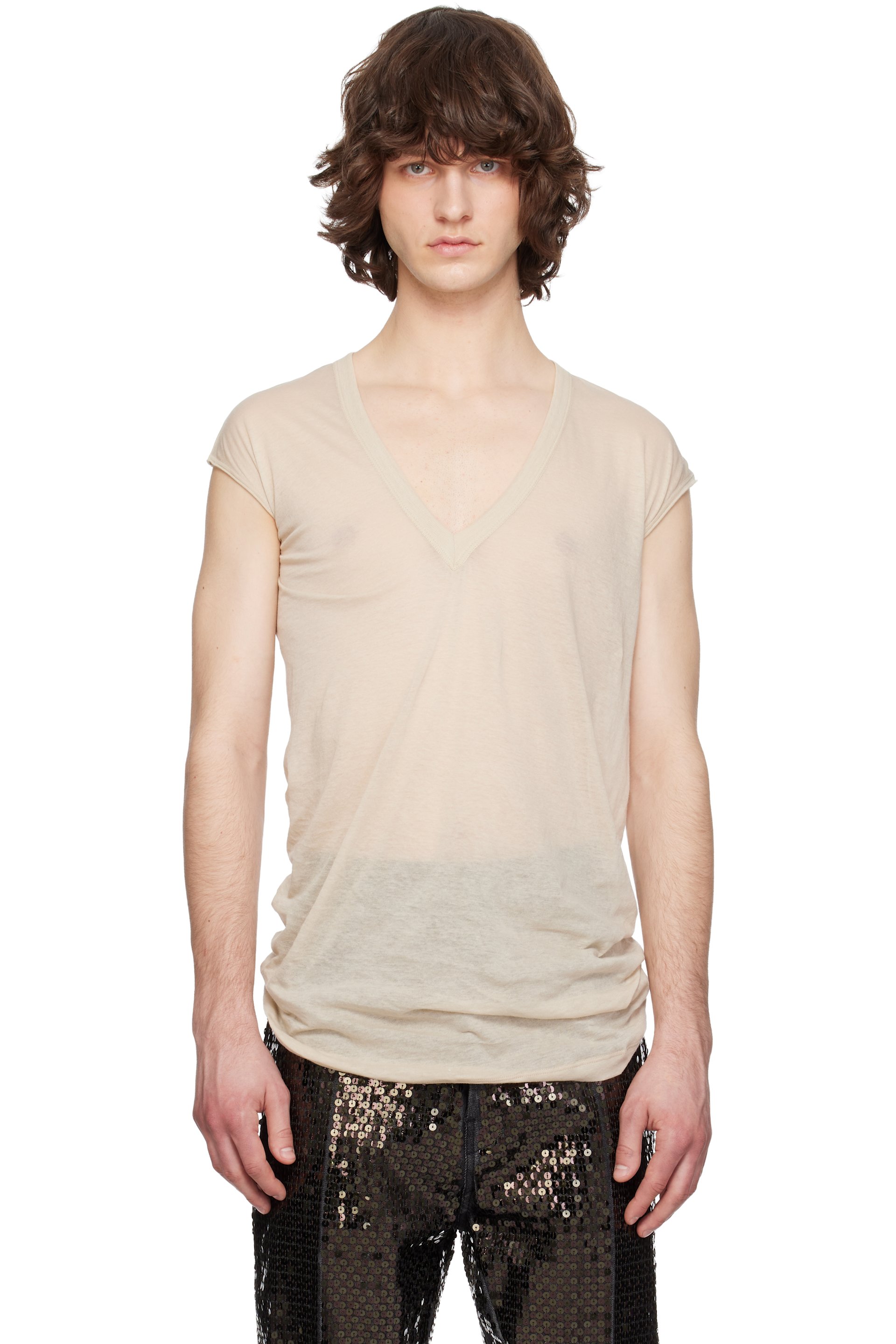 Rick Owens - Beige Temple Deep V SL T-shirt
