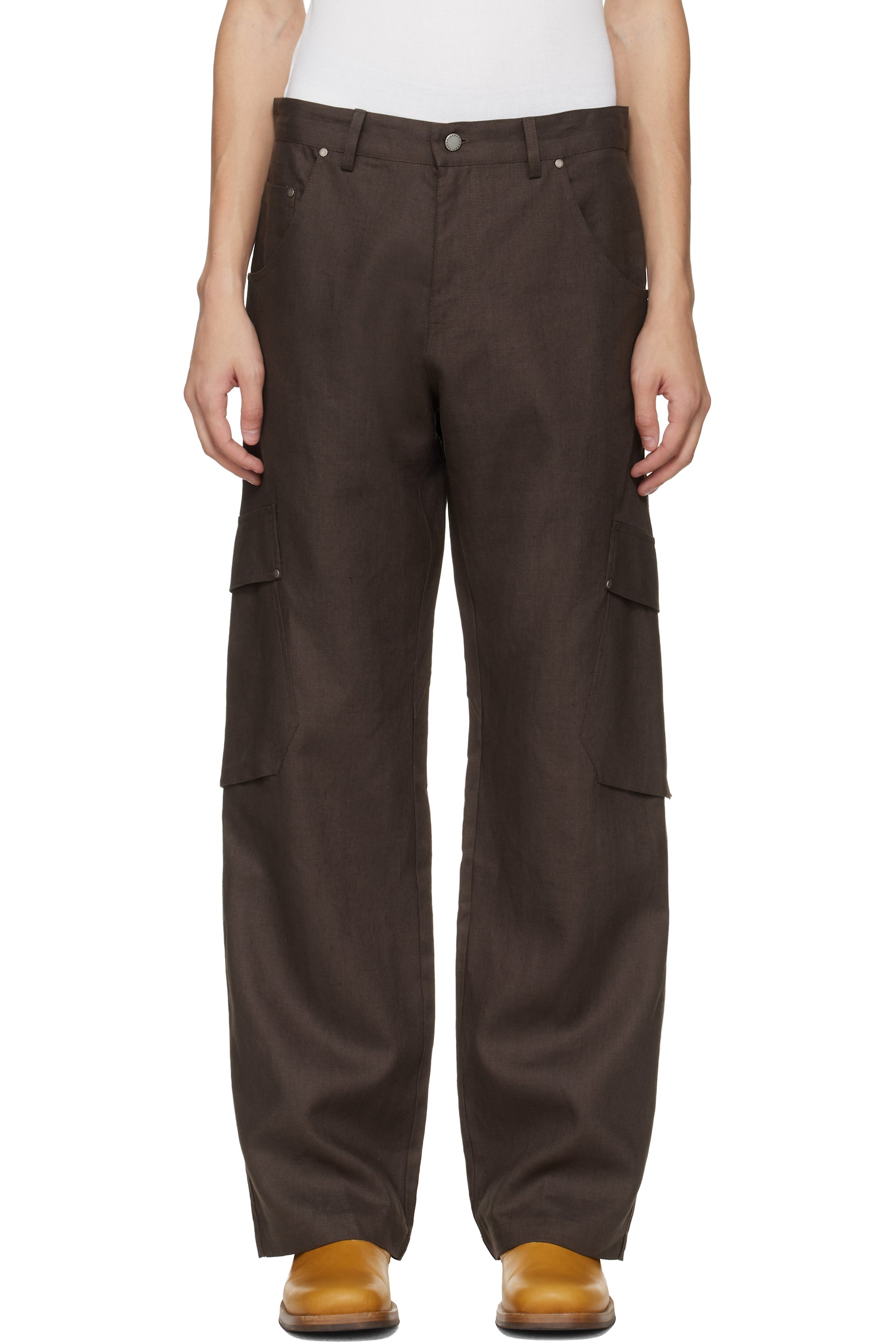 Serapis - Brown Riveted Linen Cargo Pants