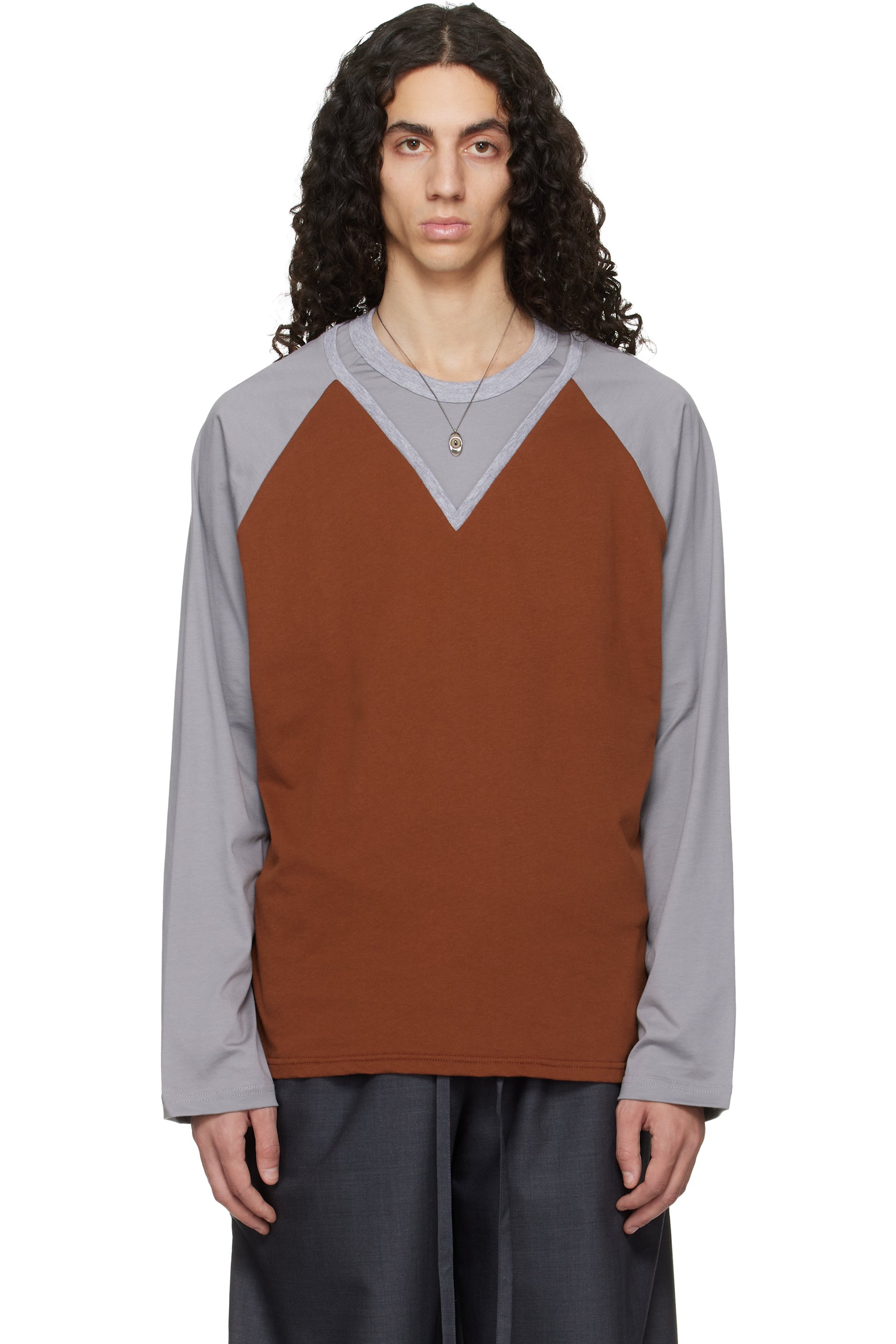Serapis - Tan & Gray W-Neck Cotton T-shirt