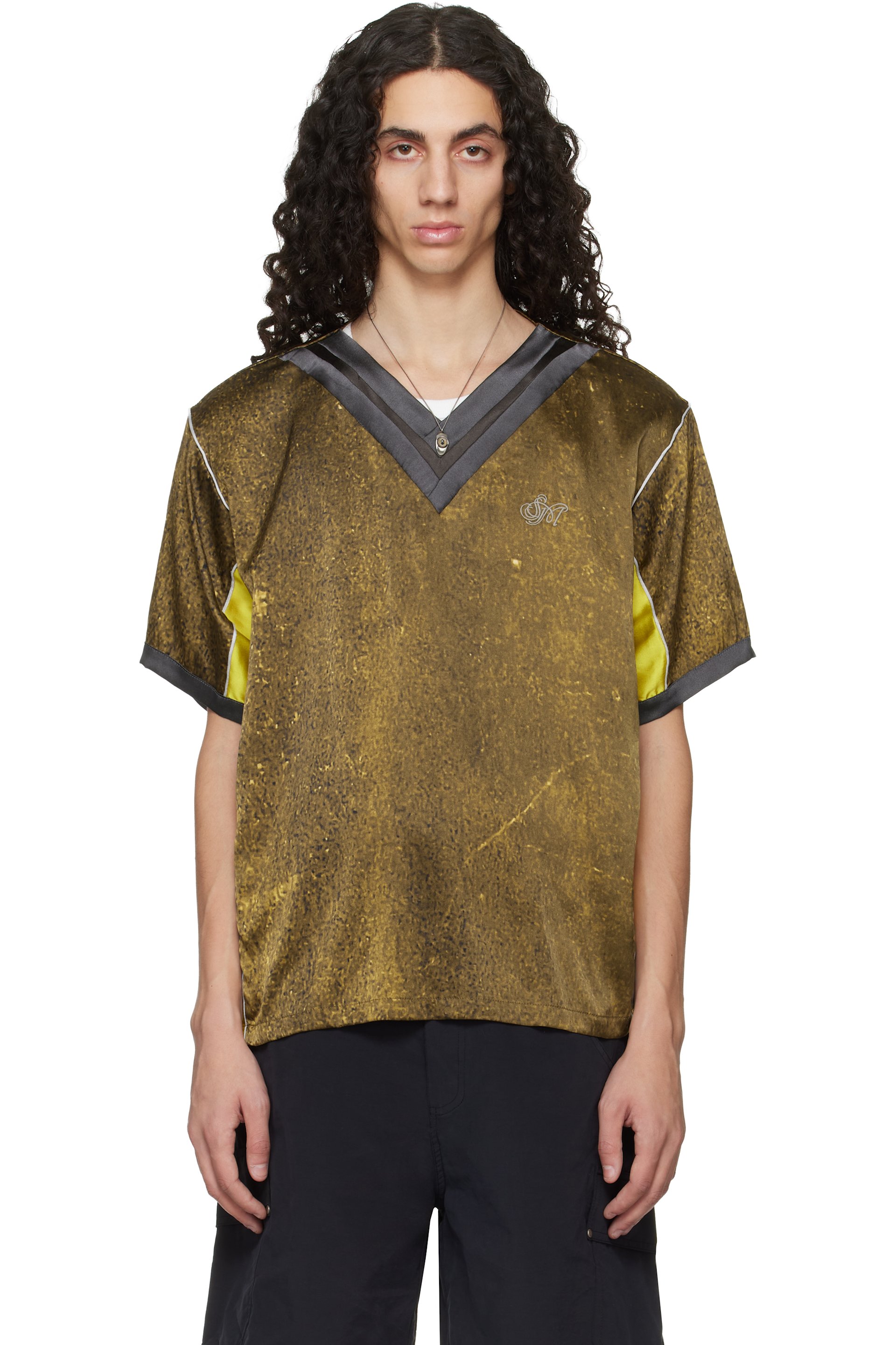 Serapis - Khaki Satin Silk Double V-Neck Short Sleeve T-shirt