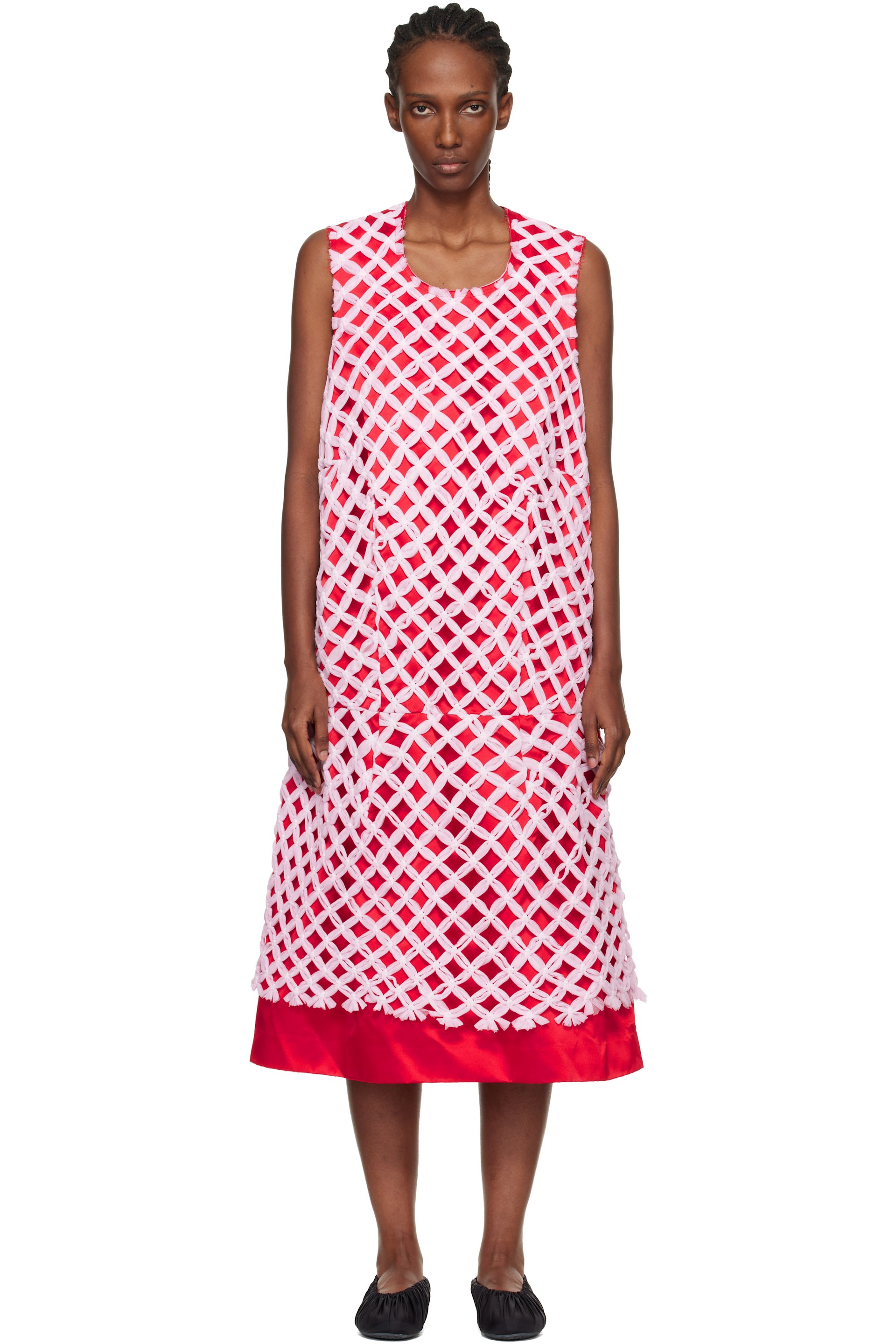 Comme des Garçons - Red & Pink Tulle Braided Mesh Midi Dress