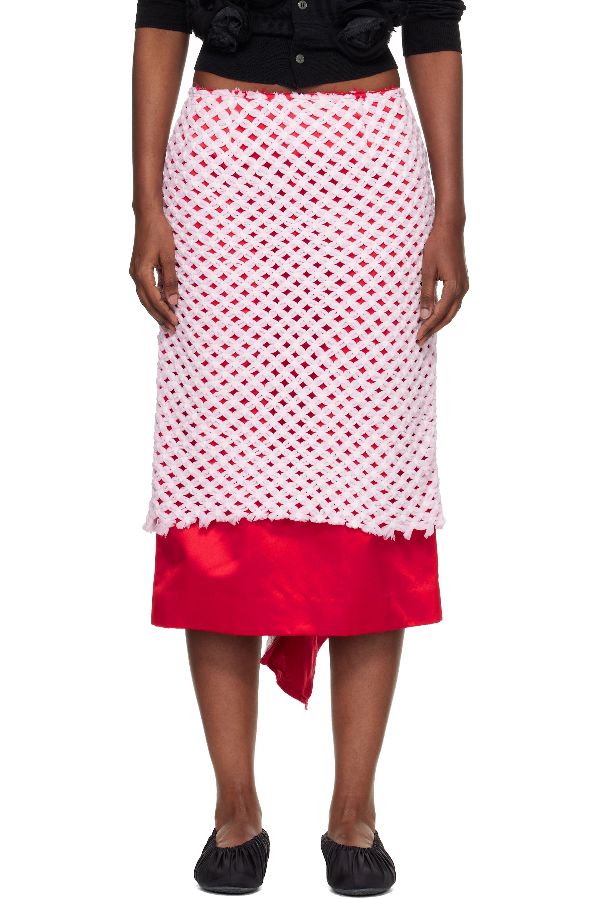 Comme des Garçons - Jupe midi rouge et rose à empiècement en filet tressé