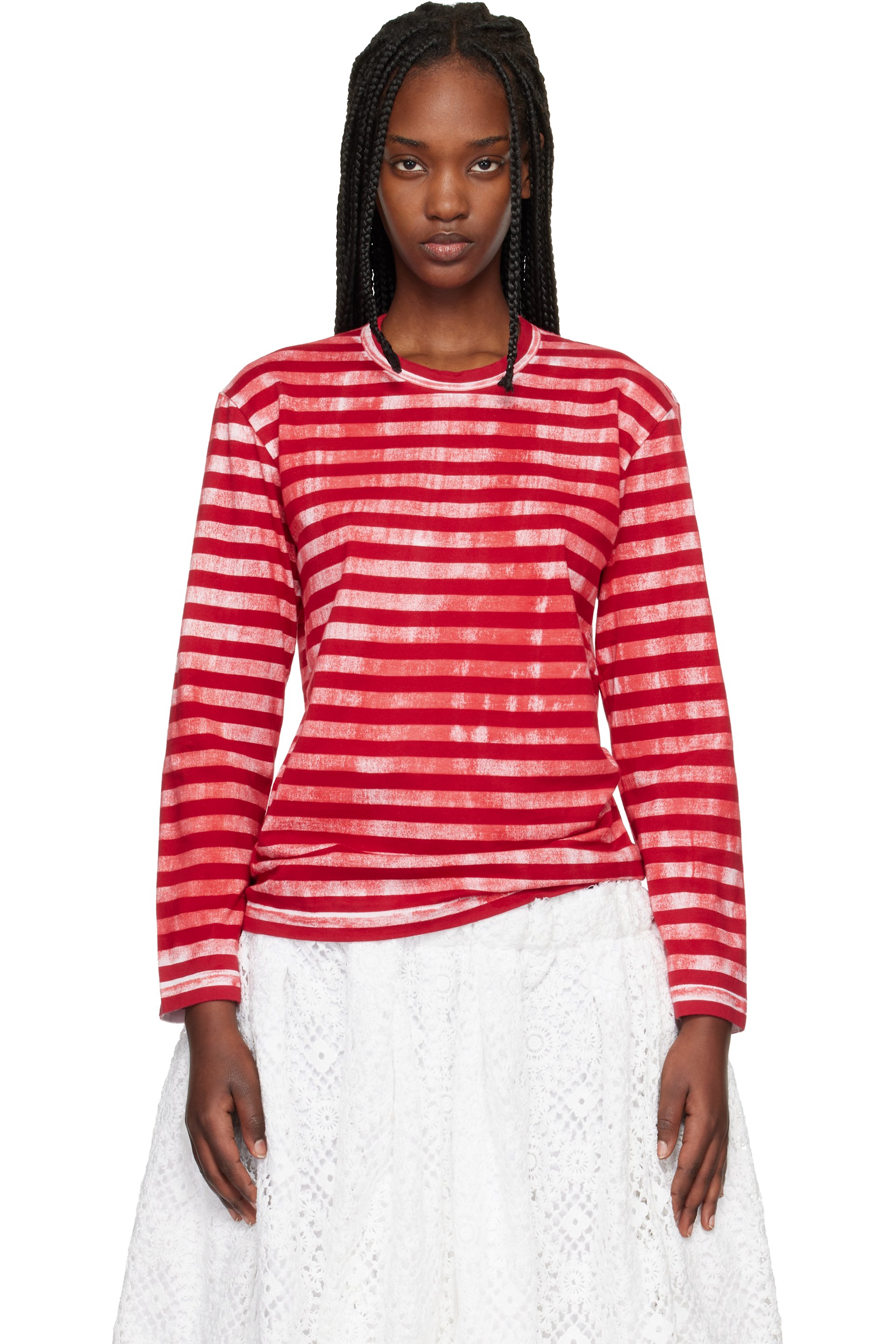 Comme des Garçons - T-shirt traité après assemblage rouge en jersey à rayures