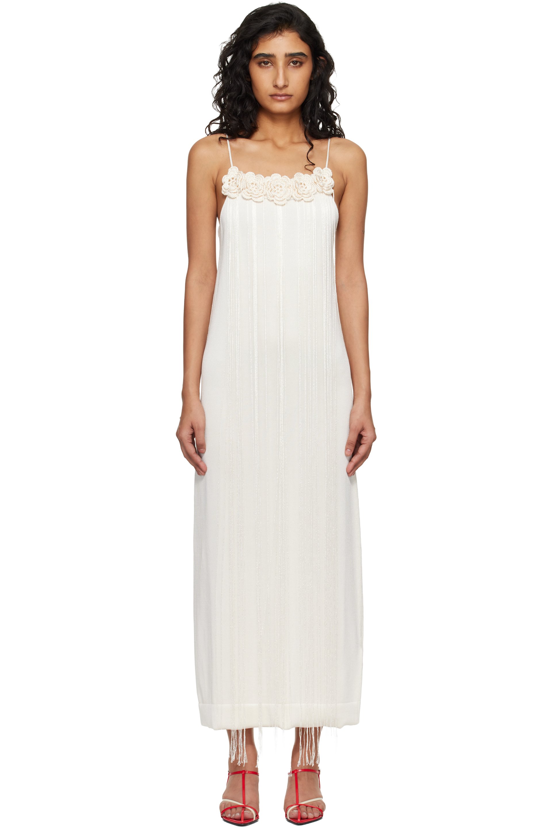Jil Sander - Robe longue blanc cassé en tricot de coton à bretelles fines