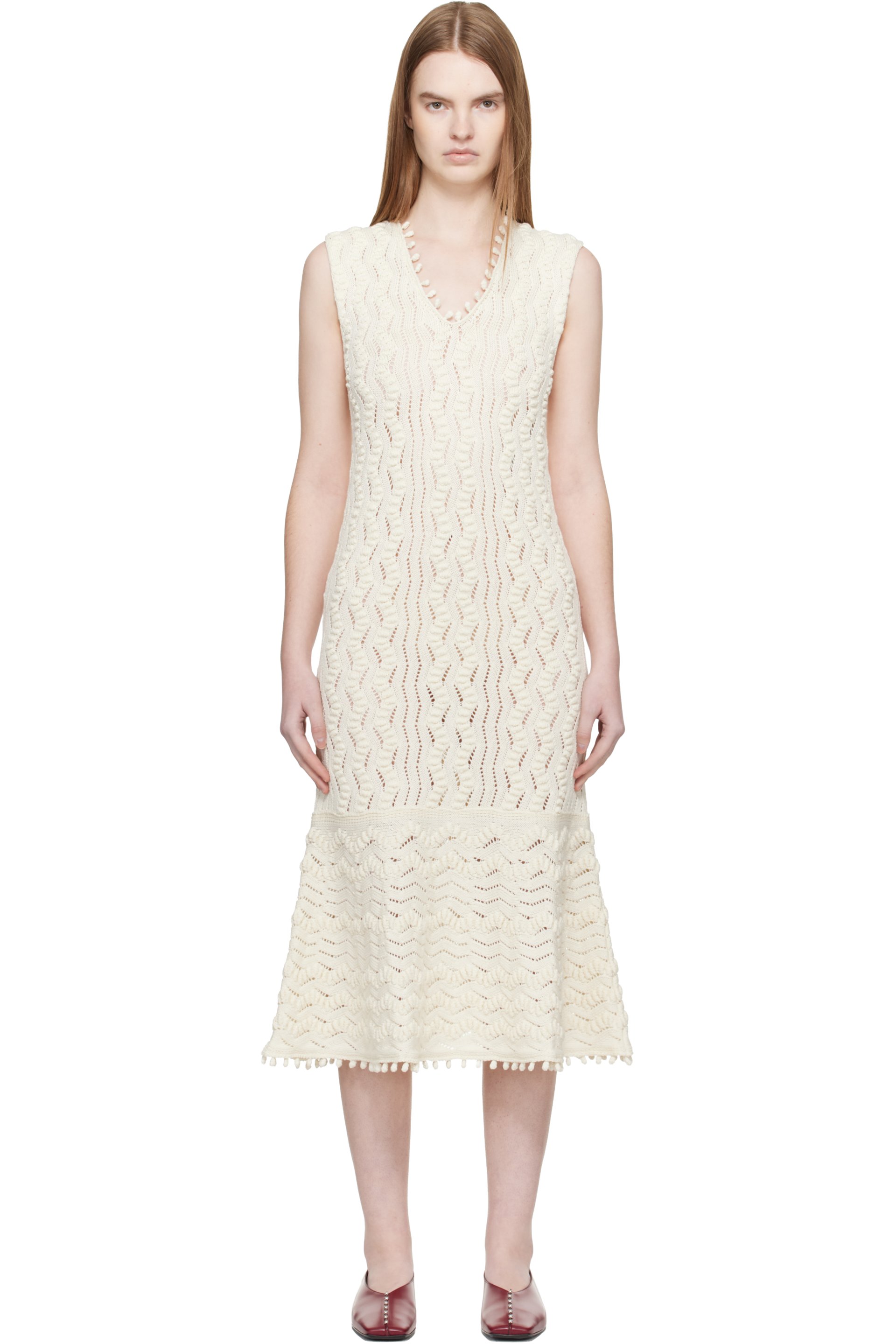 Jil Sander - Robe midi blanc cassé en pointelle