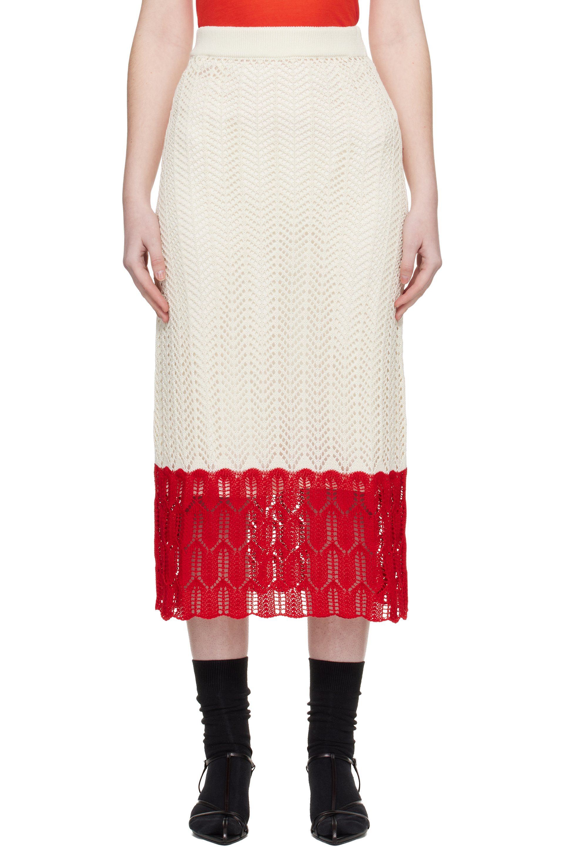 Jil Sander - Jupe midi blanc cassé et rouge en dentelle