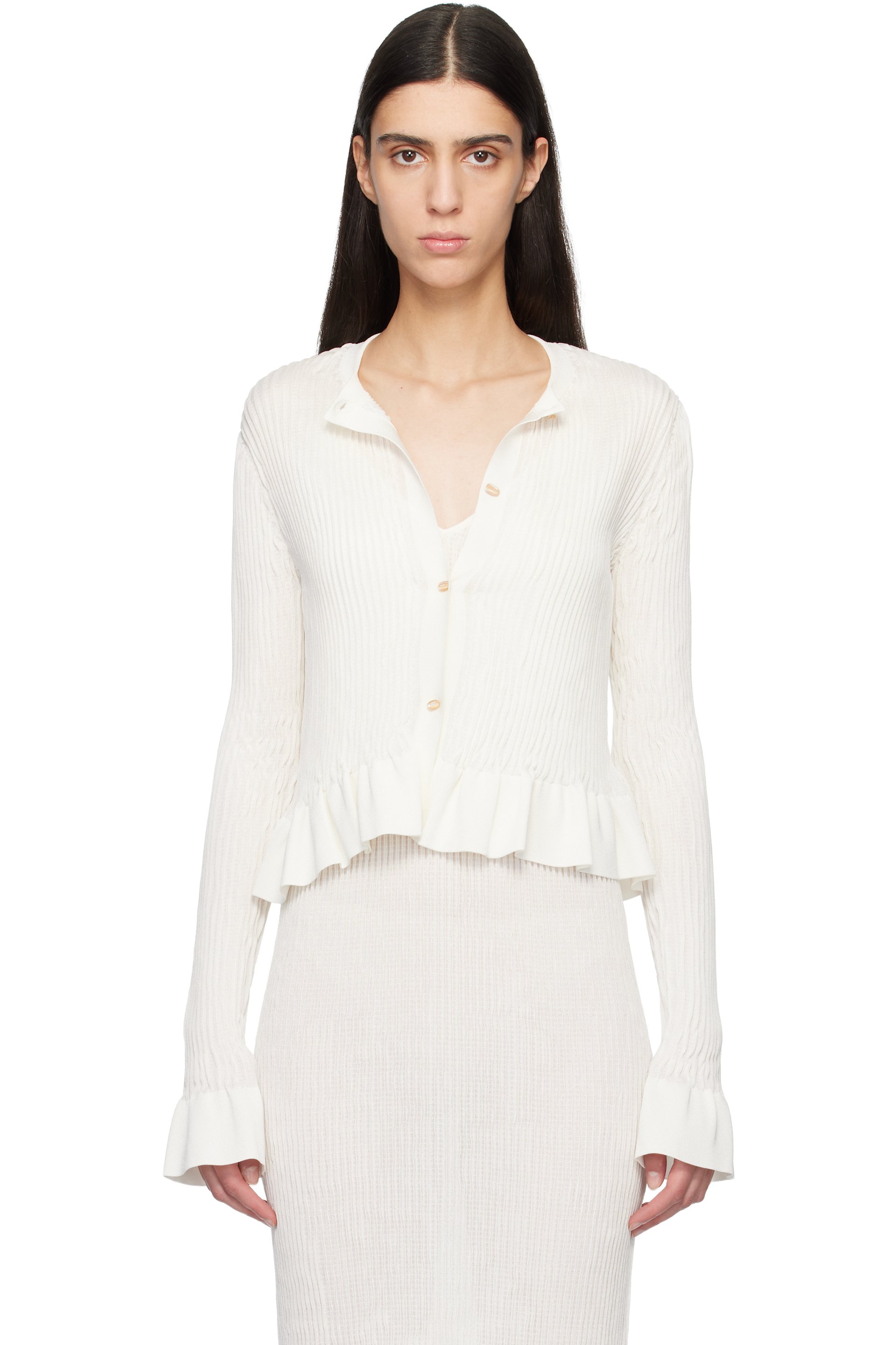 Jil Sander: Off-White Long Sleeves Frill Detail Cardigan | SSENSE Jil Sander: Off-White Long Sleeves Frill Detail Cardigan | SSENSE