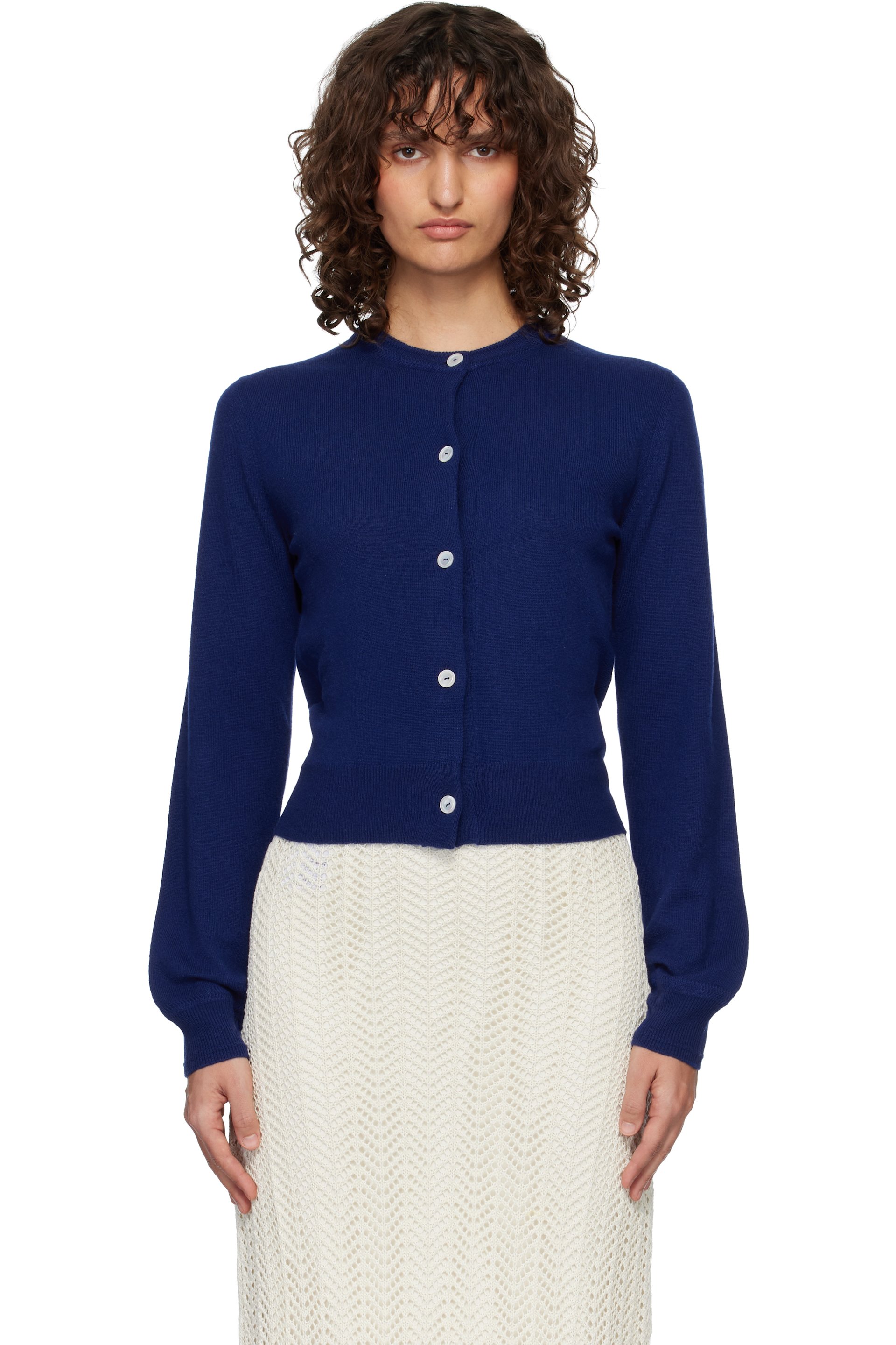 Jil Sander - Cardigan à manches longues bleu en laine à col ras du cou