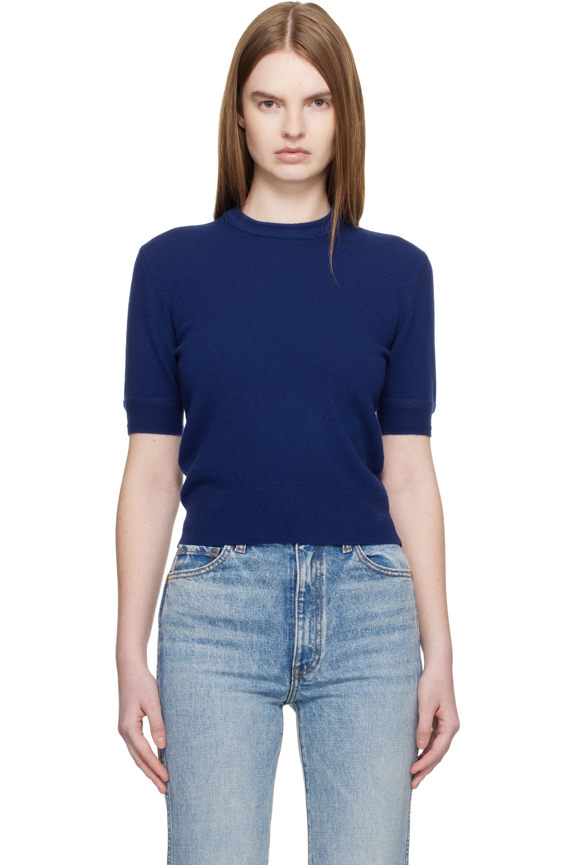 Jil Sander - T-shirt bleu en tricot léger de laine