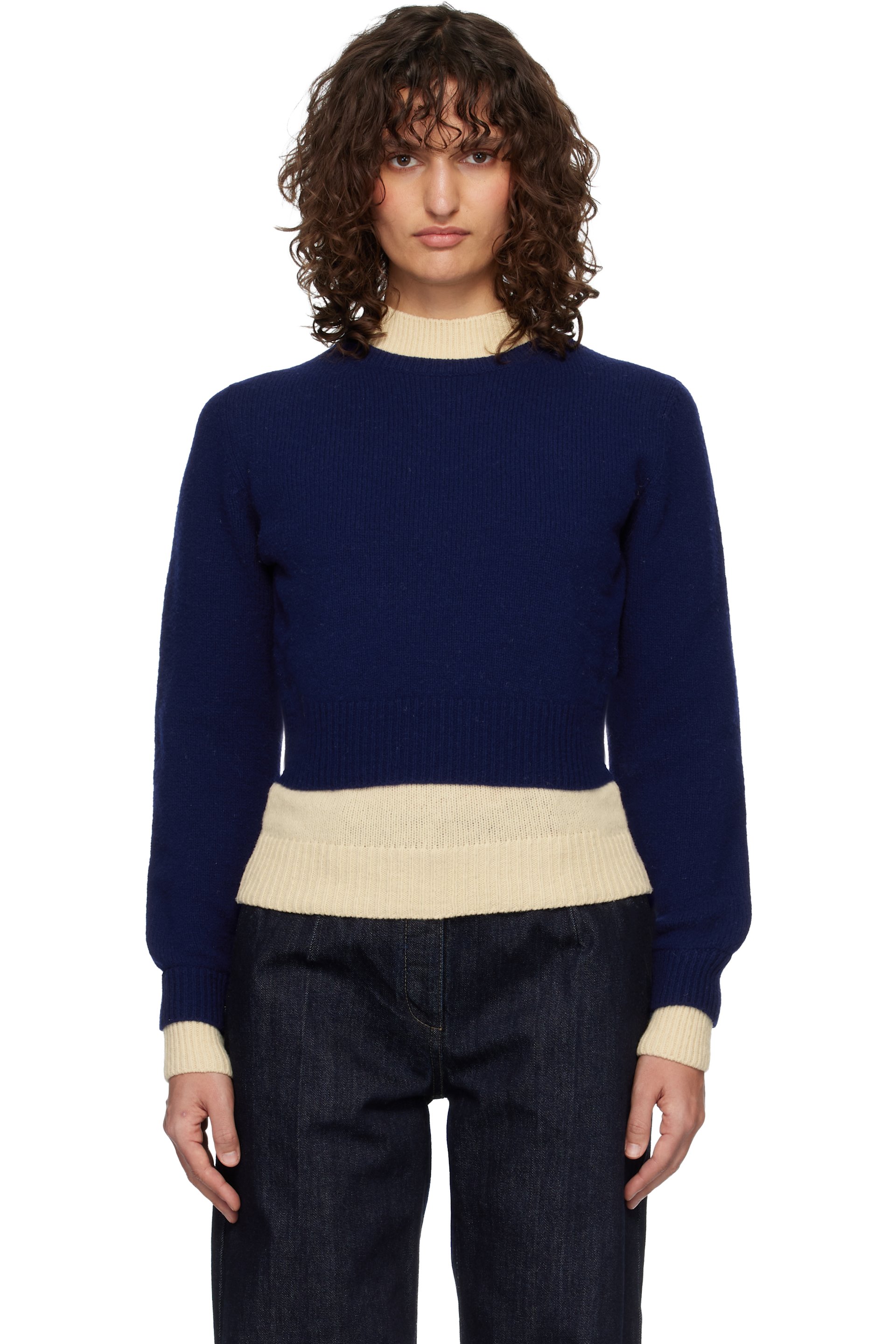 Jil Sander - Pull bleu et blanc cassé en laine à col cheminée