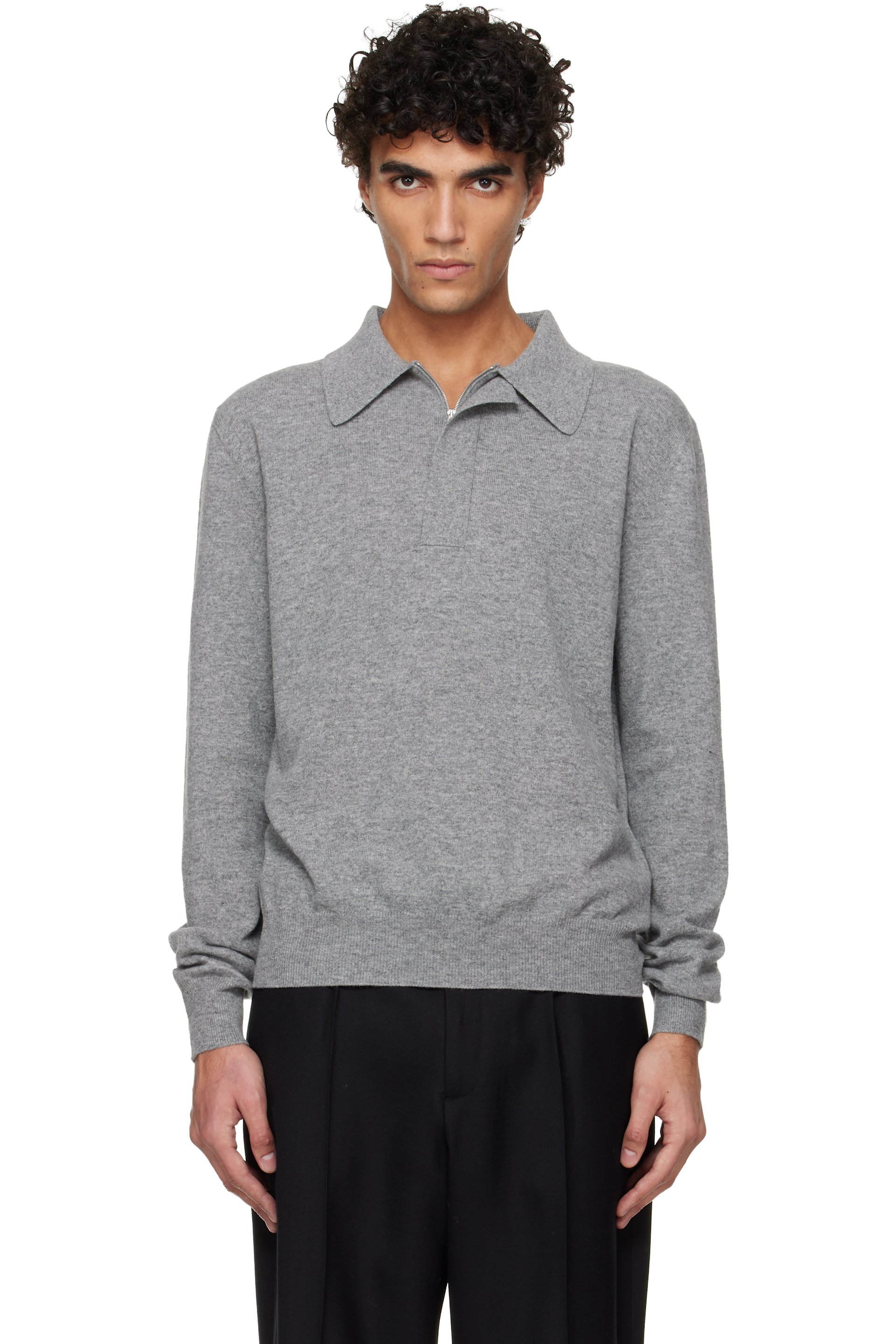 Jil Sander - Polo gris en tricot léger de laine