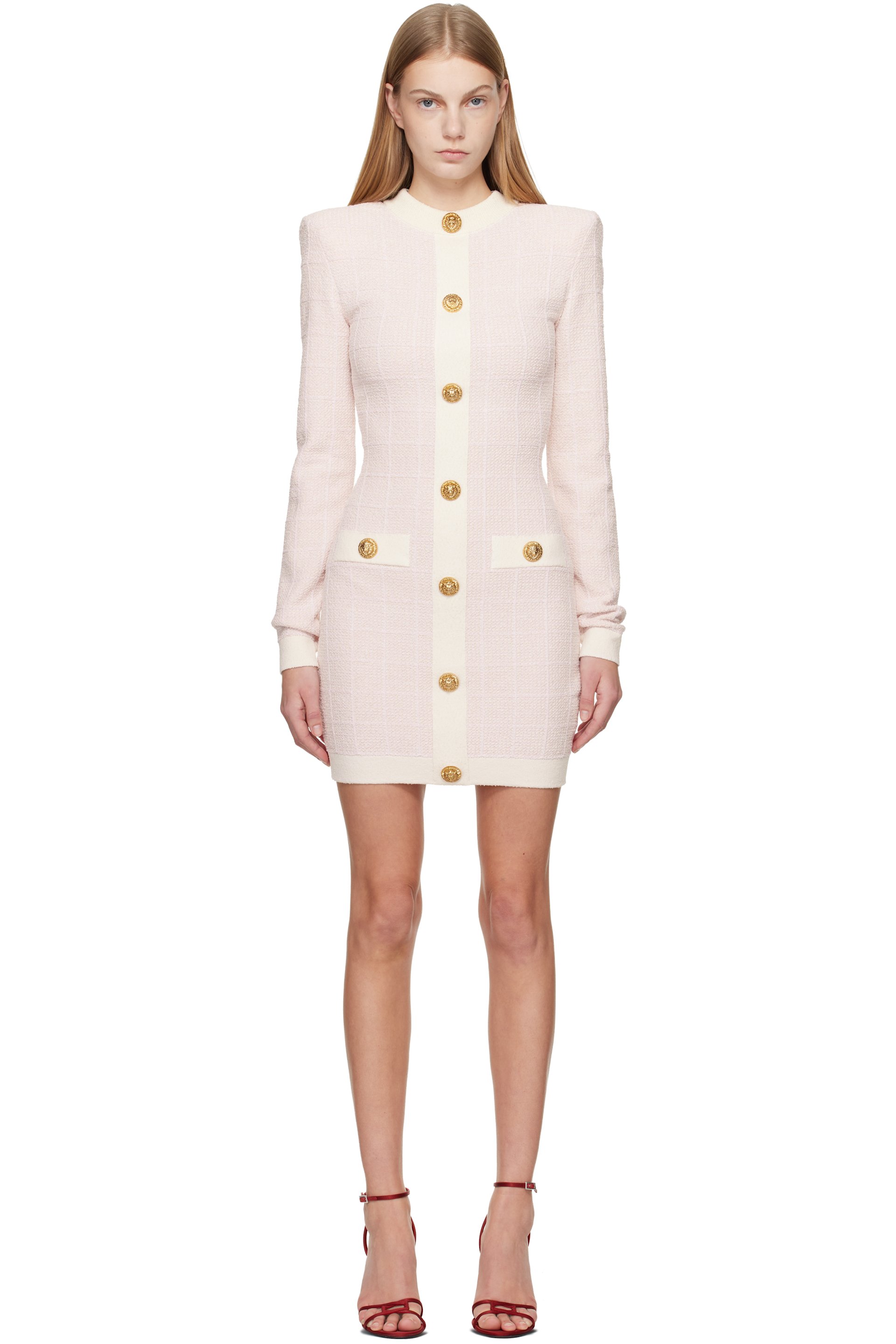 Balmain - Robe courte à manches longues rose en tweed léger à boutons