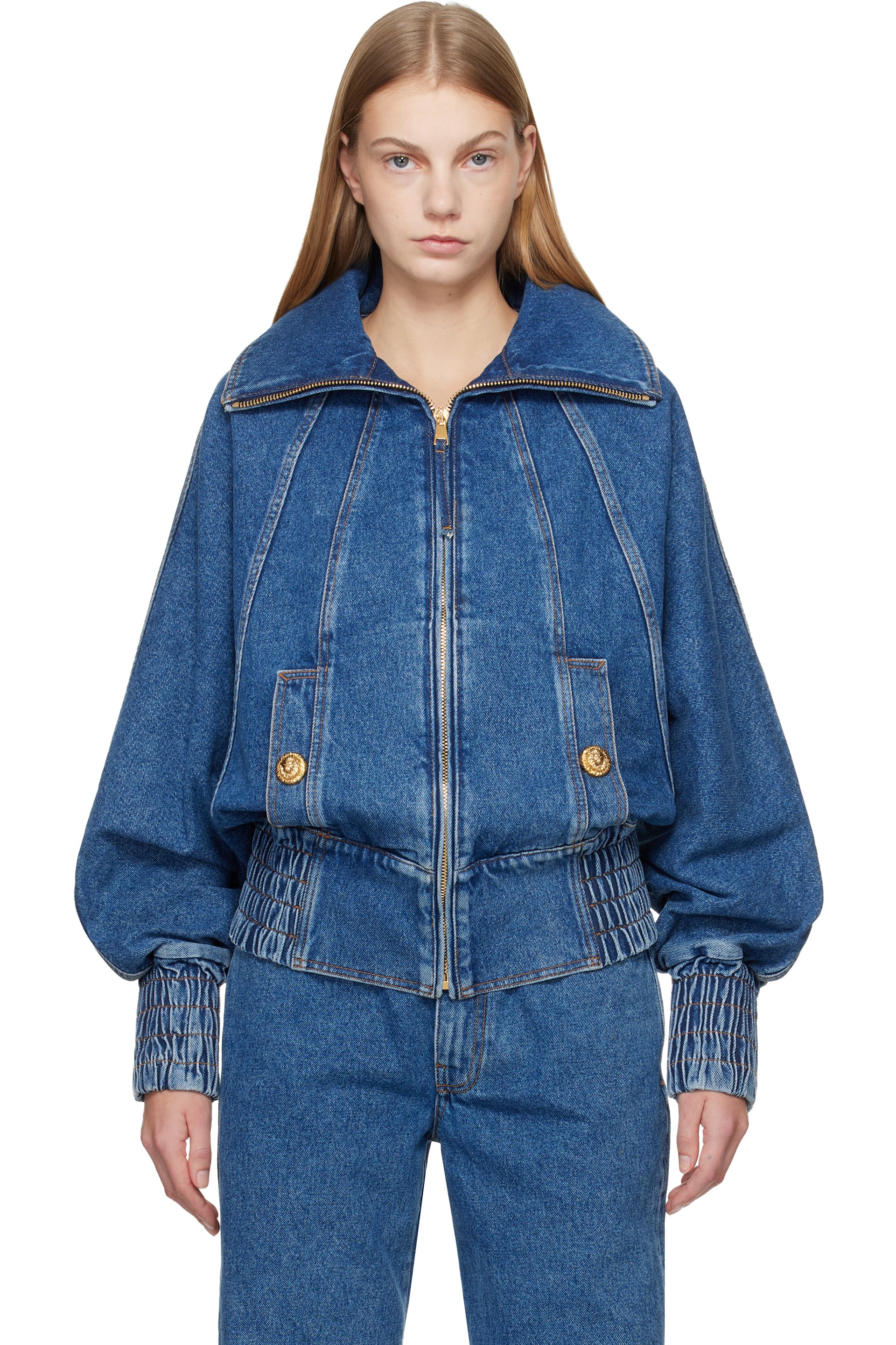 BALMAIN - Blue Zipped Denim Bomber Jacket
