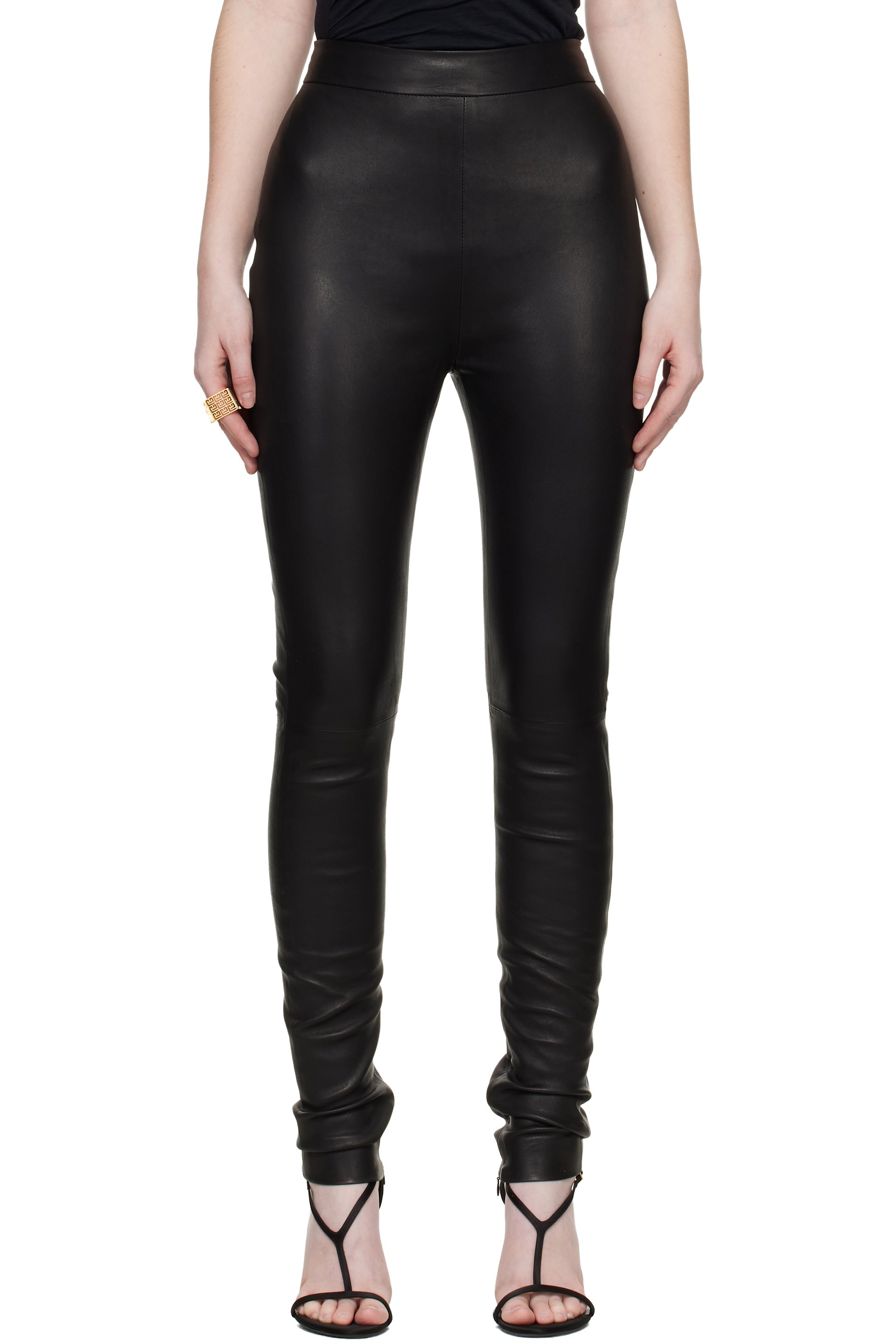 BALMAIN - Black Zipped Lambskin Leggings