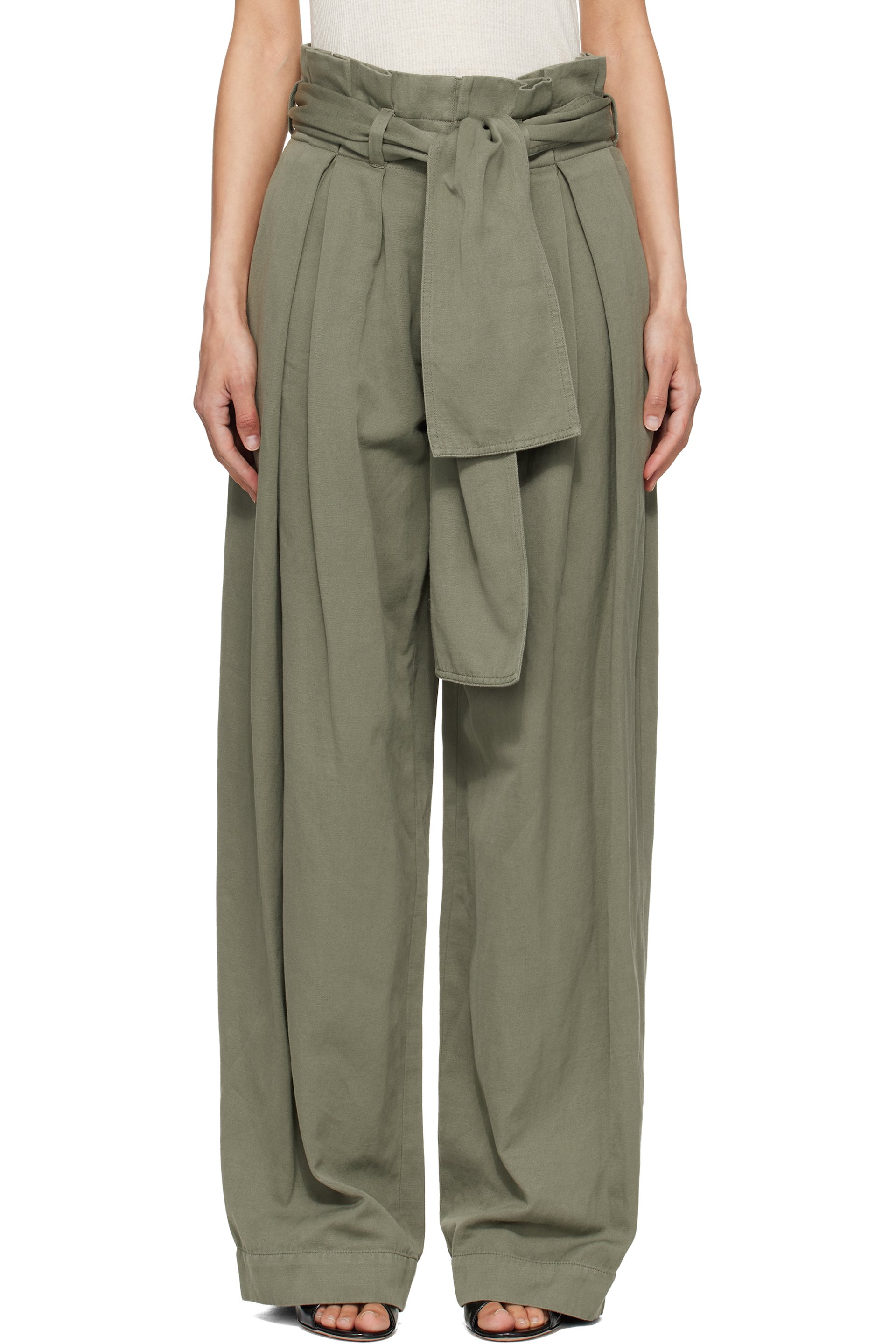 BALMAIN - Green Twill High-Waisted Trousers