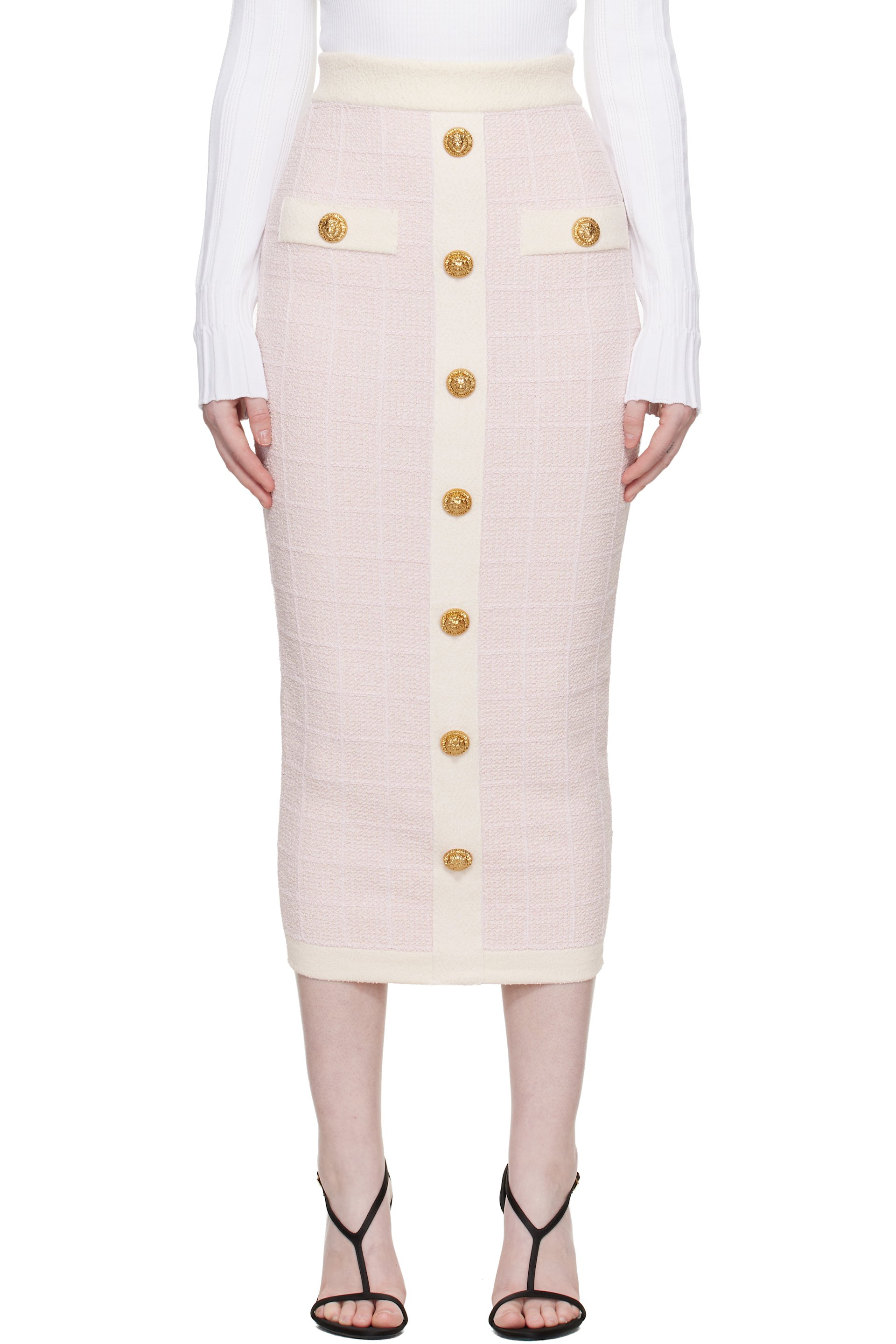 Balmain - Jupe longue rose en tweed léger à boutons