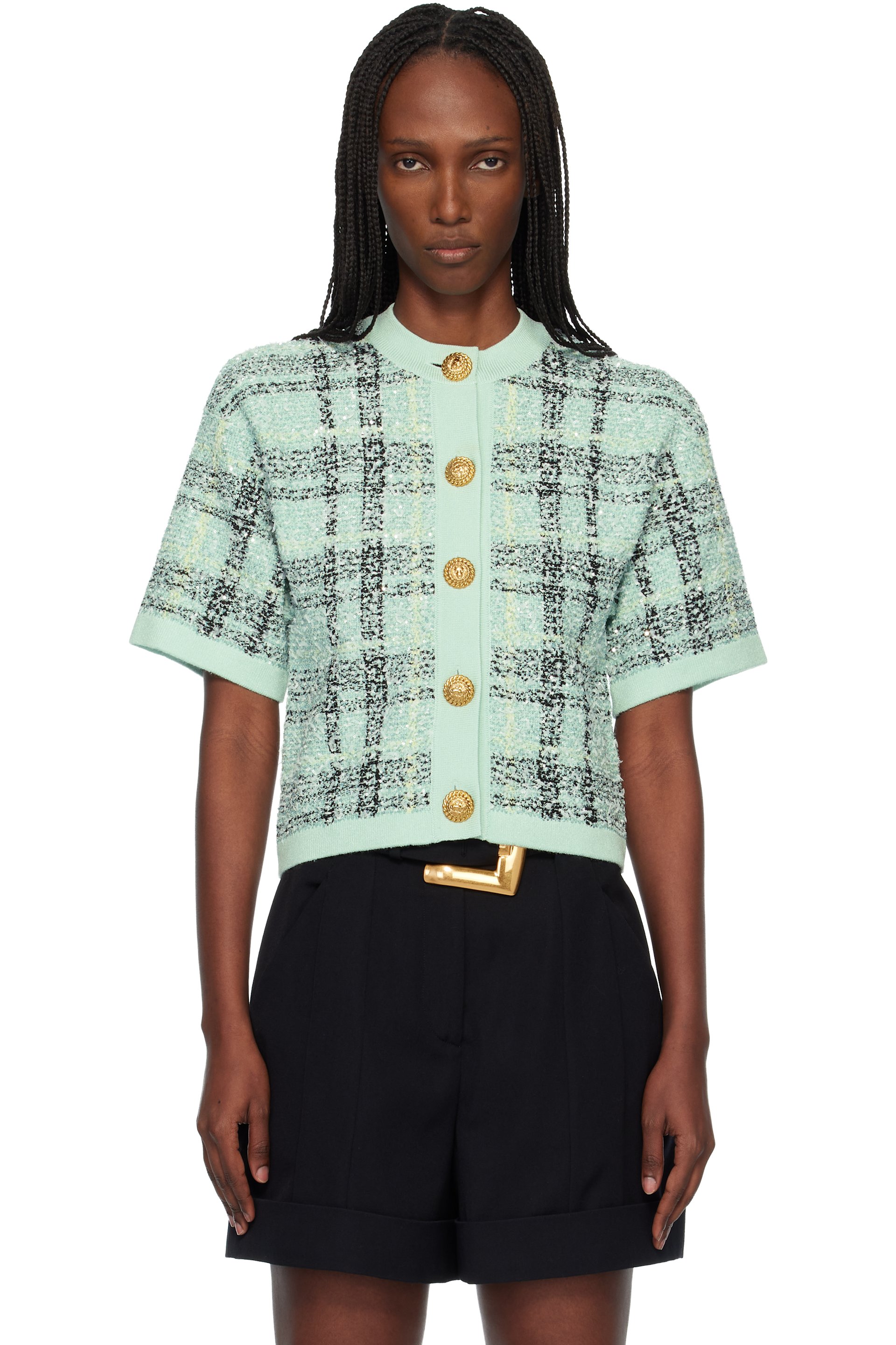 BALMAIN - Green Buttoned Shiny Light Tweed Cardigan