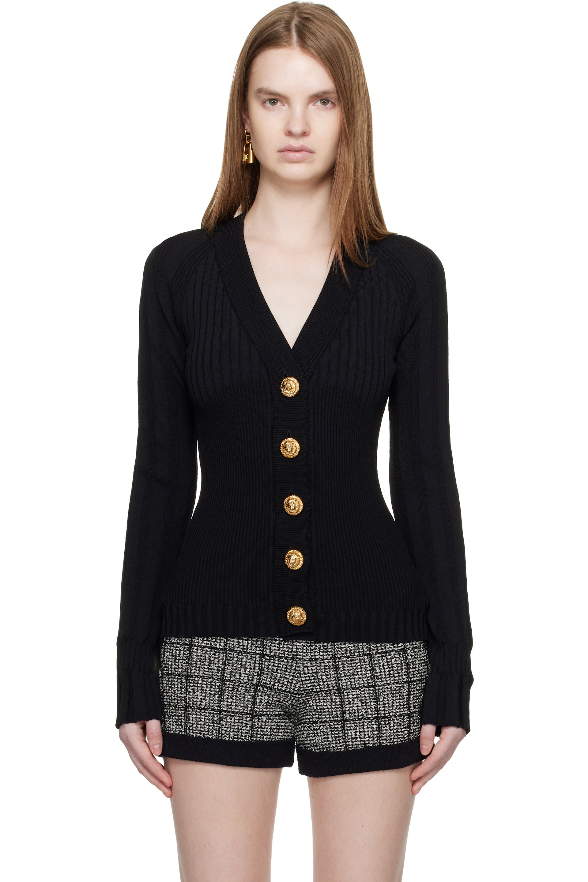 BALMAIN - Black Buttoned V-Neck Light Knit Cardigan