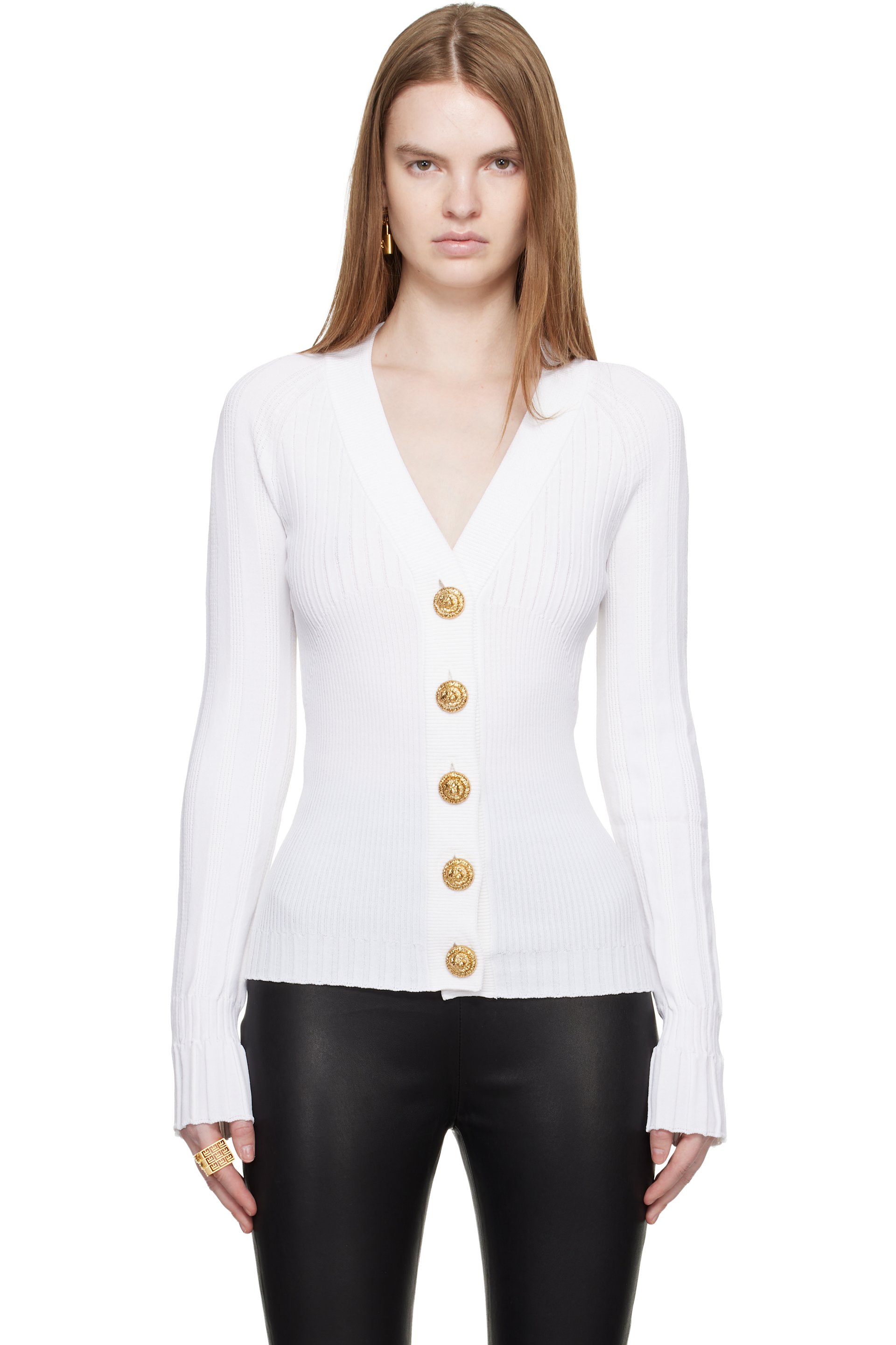 BALMAIN - White Buttoned V-Neck Light Knit Cardigan
