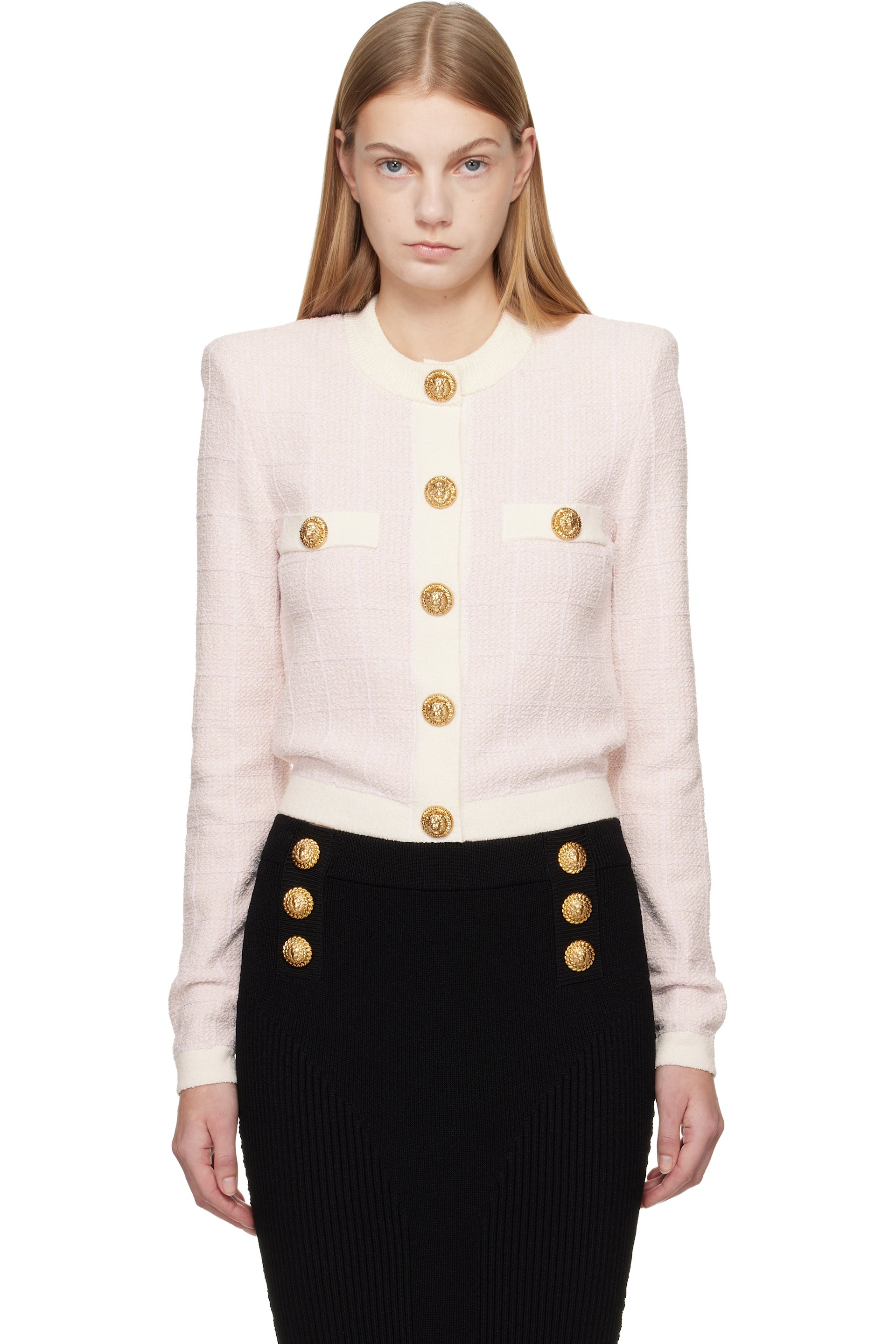 BALMAIN バルマン メッシュ ニット セーター 金ボタン付き アイボリー系 ラグジュアリーレディースニットウェア | BALMAIN