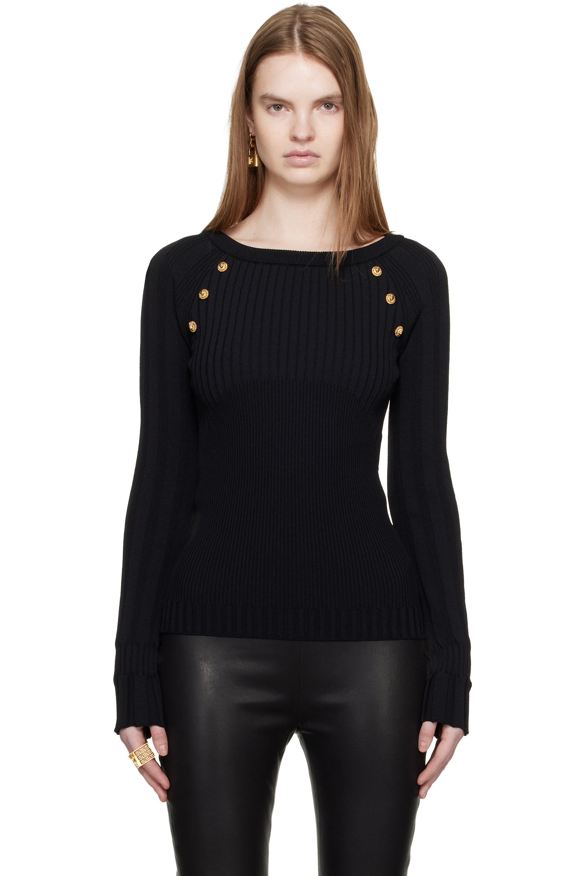 Balmain - Pull noir en tricot à boutons