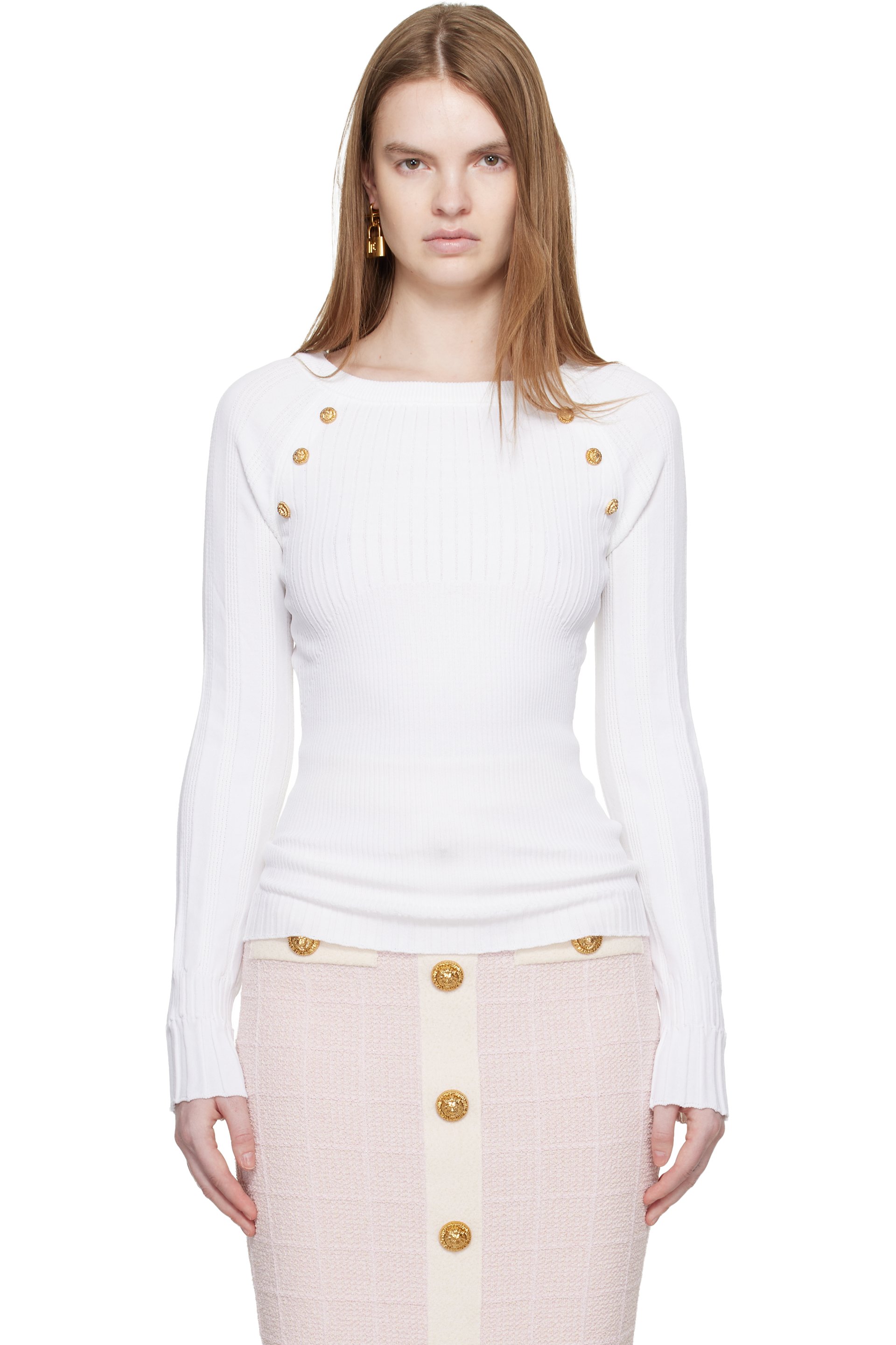 Balmain - Pull blanc en tricot à boutons