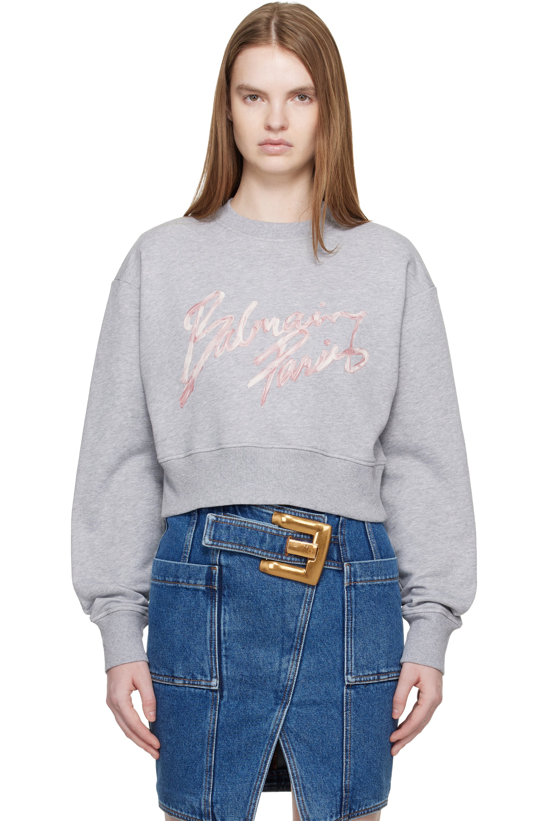 Balmain - Pull molletonné écourté gris en coton à logo imprimé