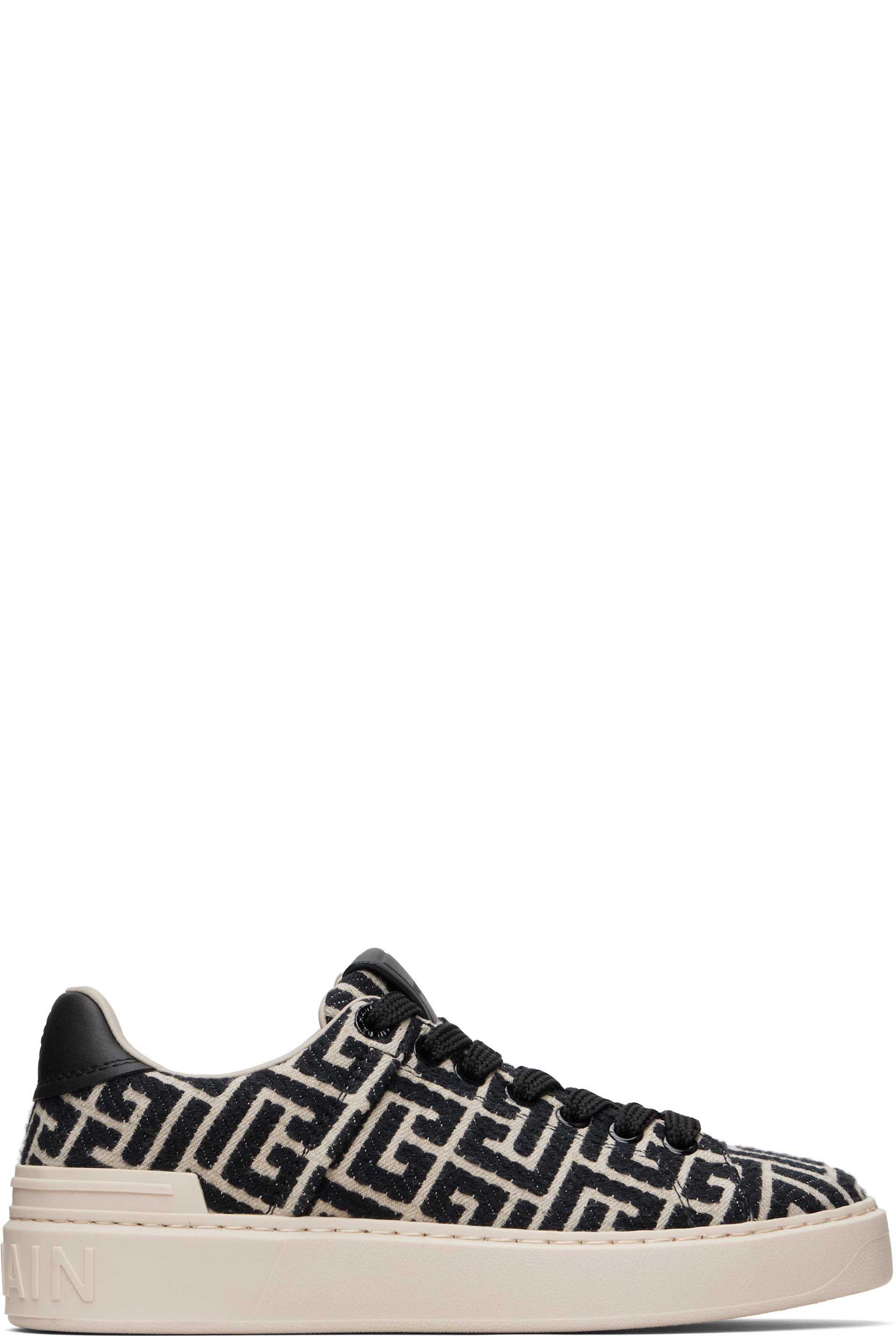 Balmain - Baskets B-Court noir et beige à monogrammes en jacquard
