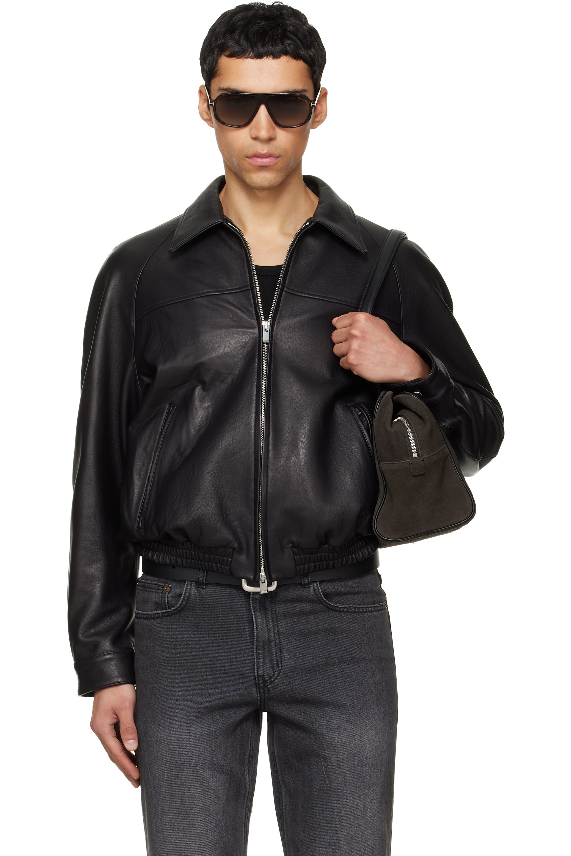 TONYWACK - Black Vintage Lamb Leather Bomber Jacket