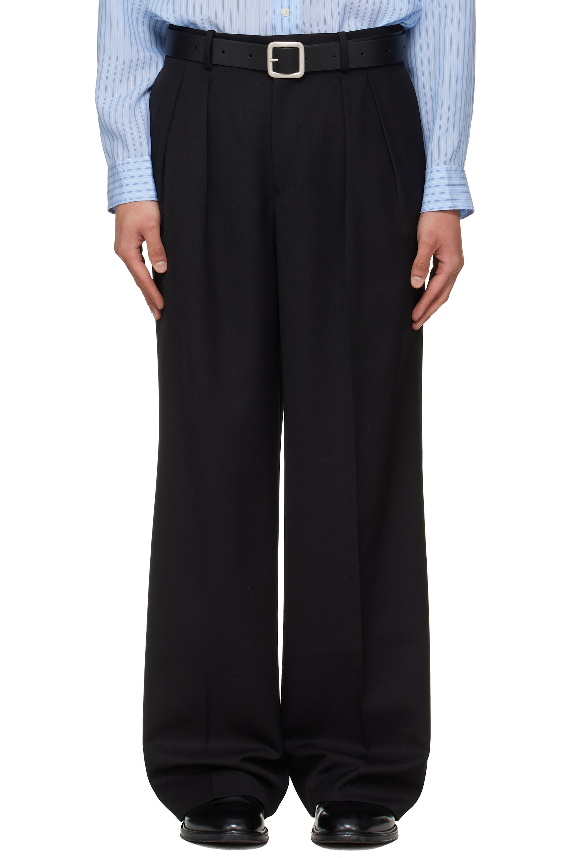 TONYWACK - Black Wool Double-Pleated Wide Trousers