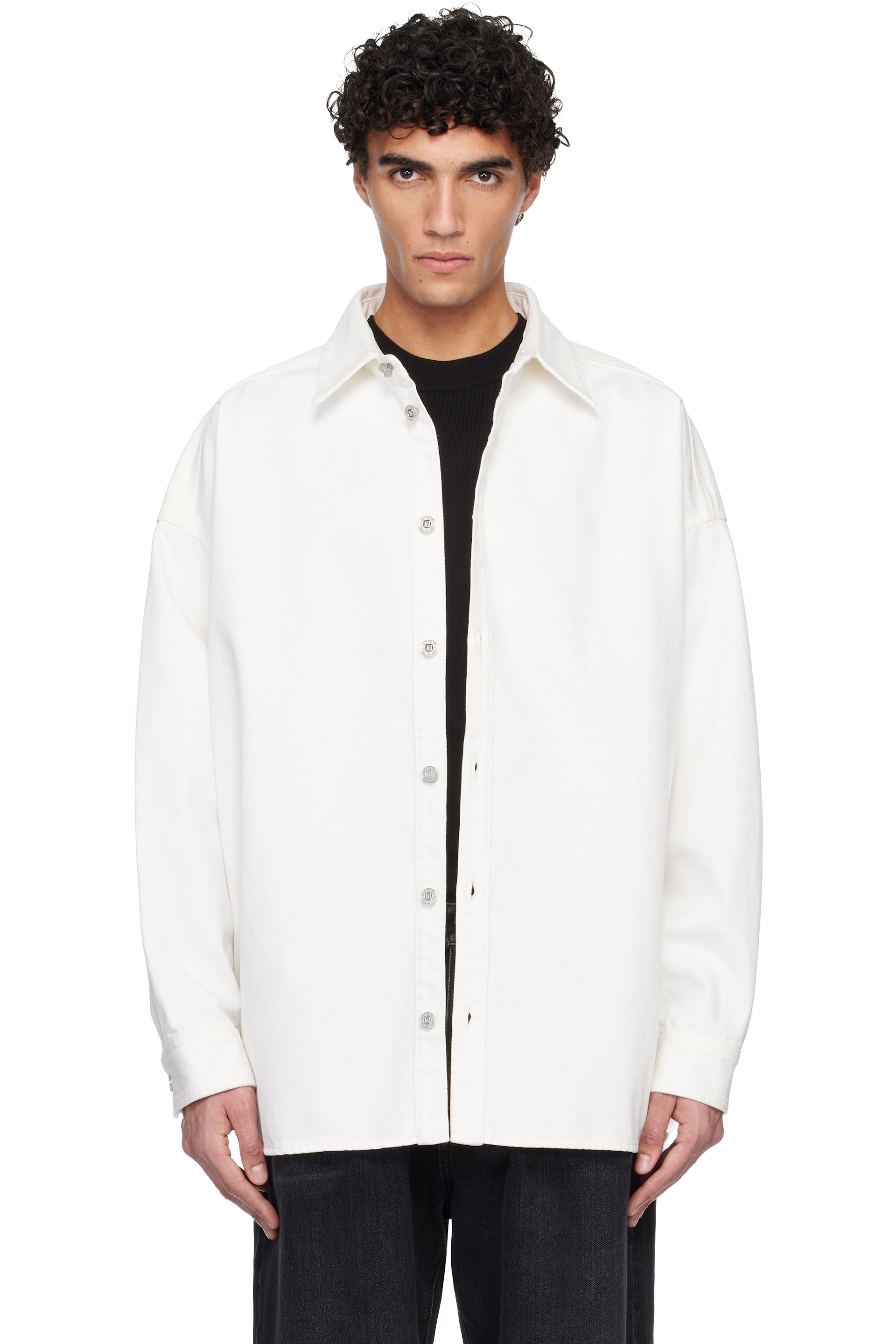 BALMAIN: Off-White Denim Overshirt | SSENSE