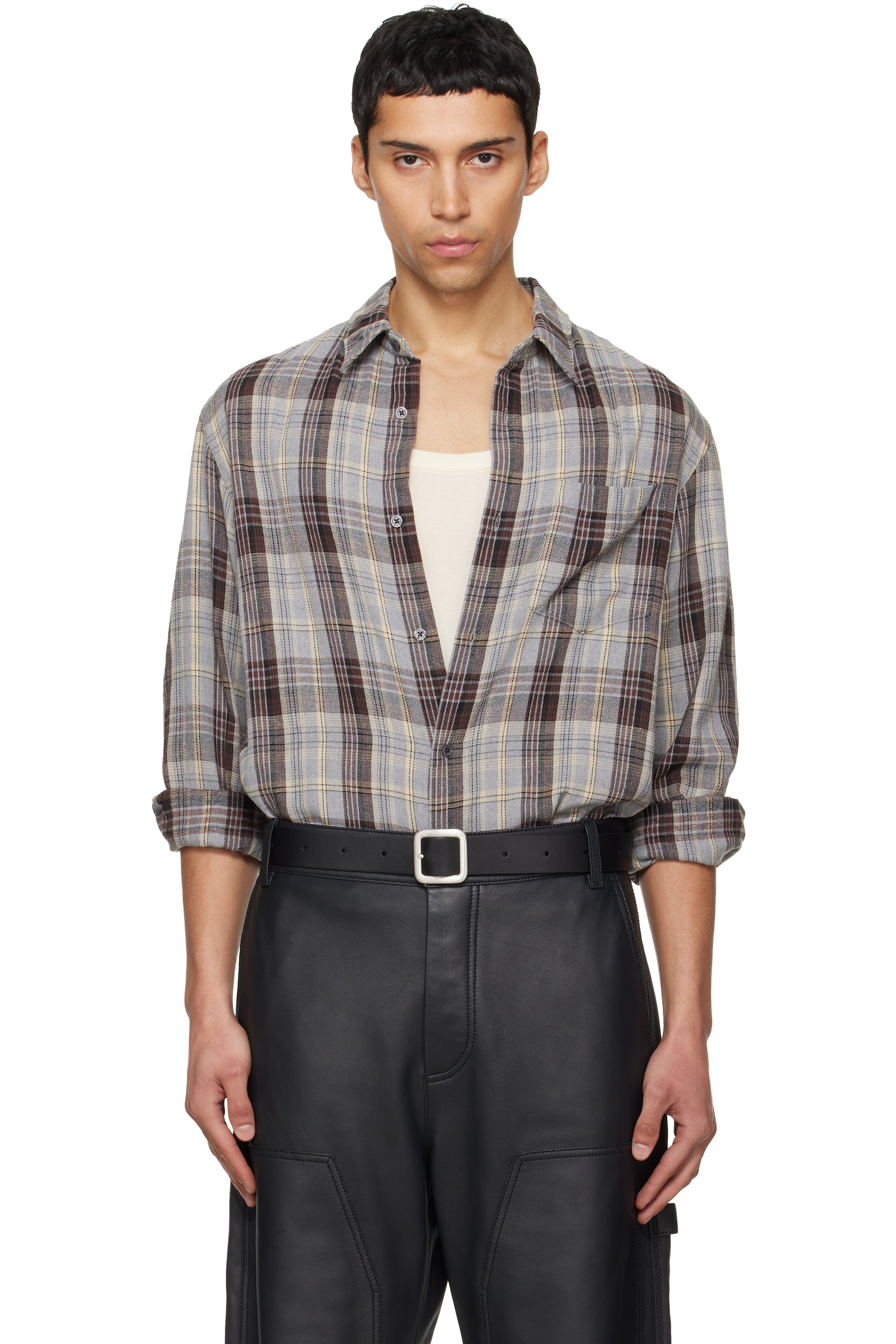 TONYWACK - Gray Washed Cotton Blend Check Shirt