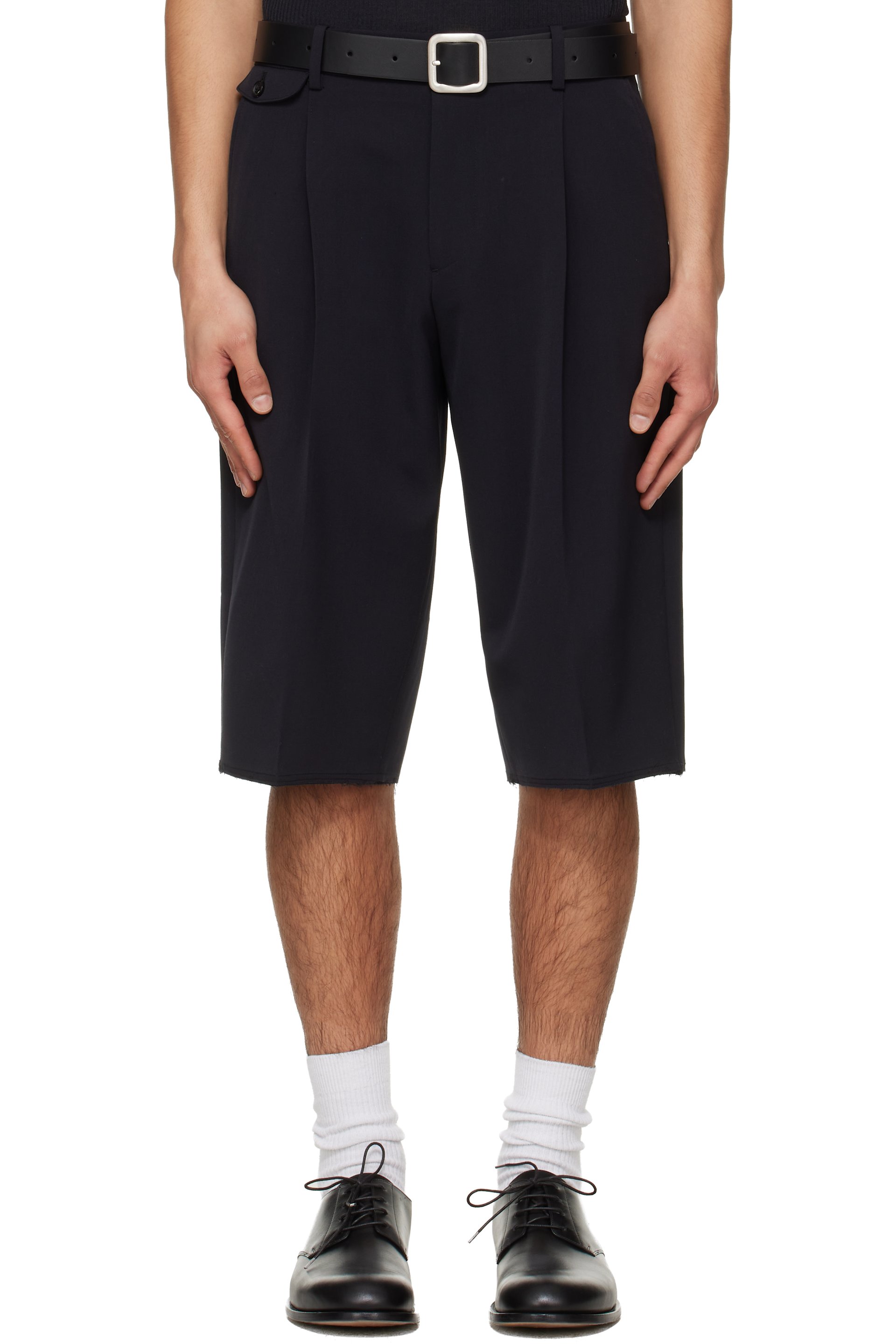 TONYWACK - Navy Raw-Cut Wool Pleated Tailored Shorts