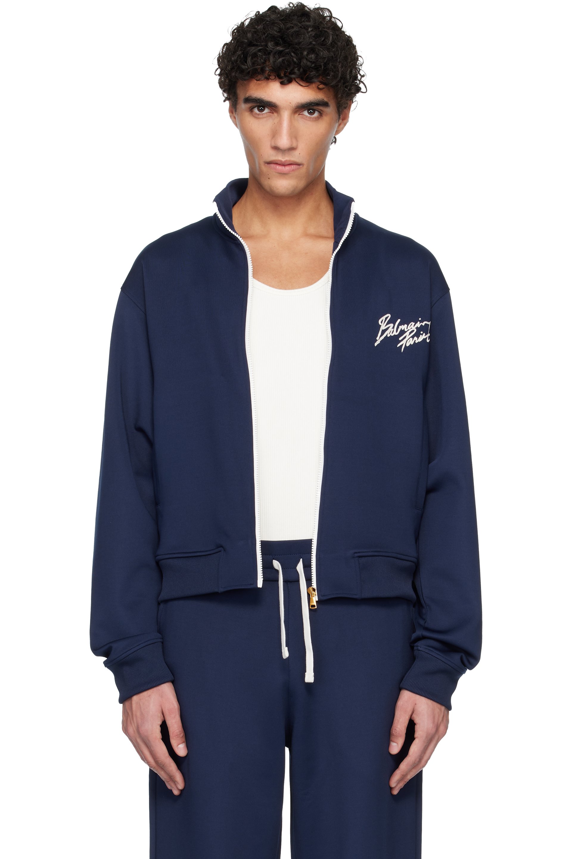 BALMAIN - Navy Printed Signature Track Jacket
