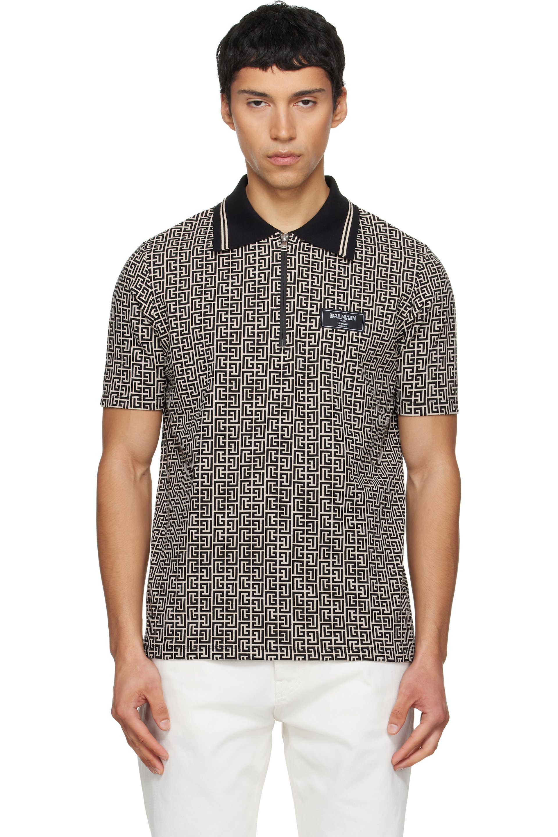 BALMAIN - Black & Beige Monogram Polo