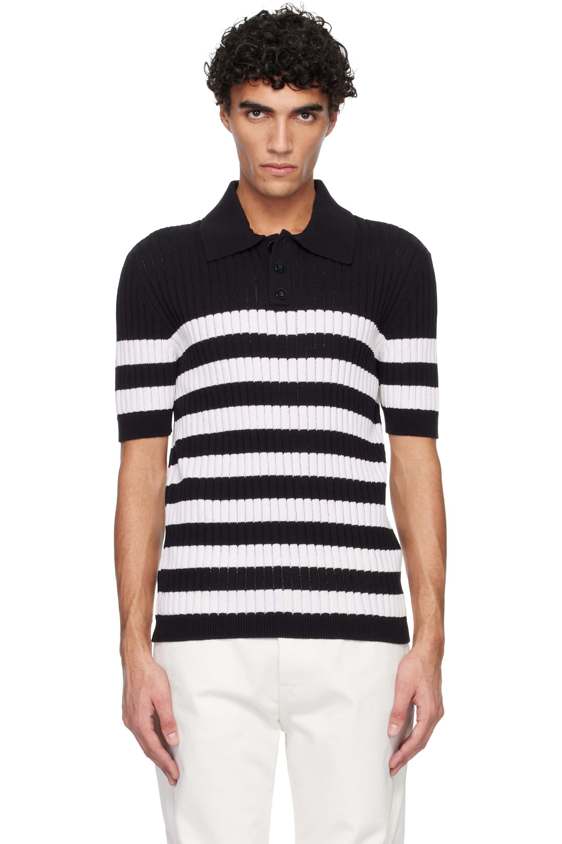 BALMAIN - Black & White Marinière Ribbed Cotton Knit Polo