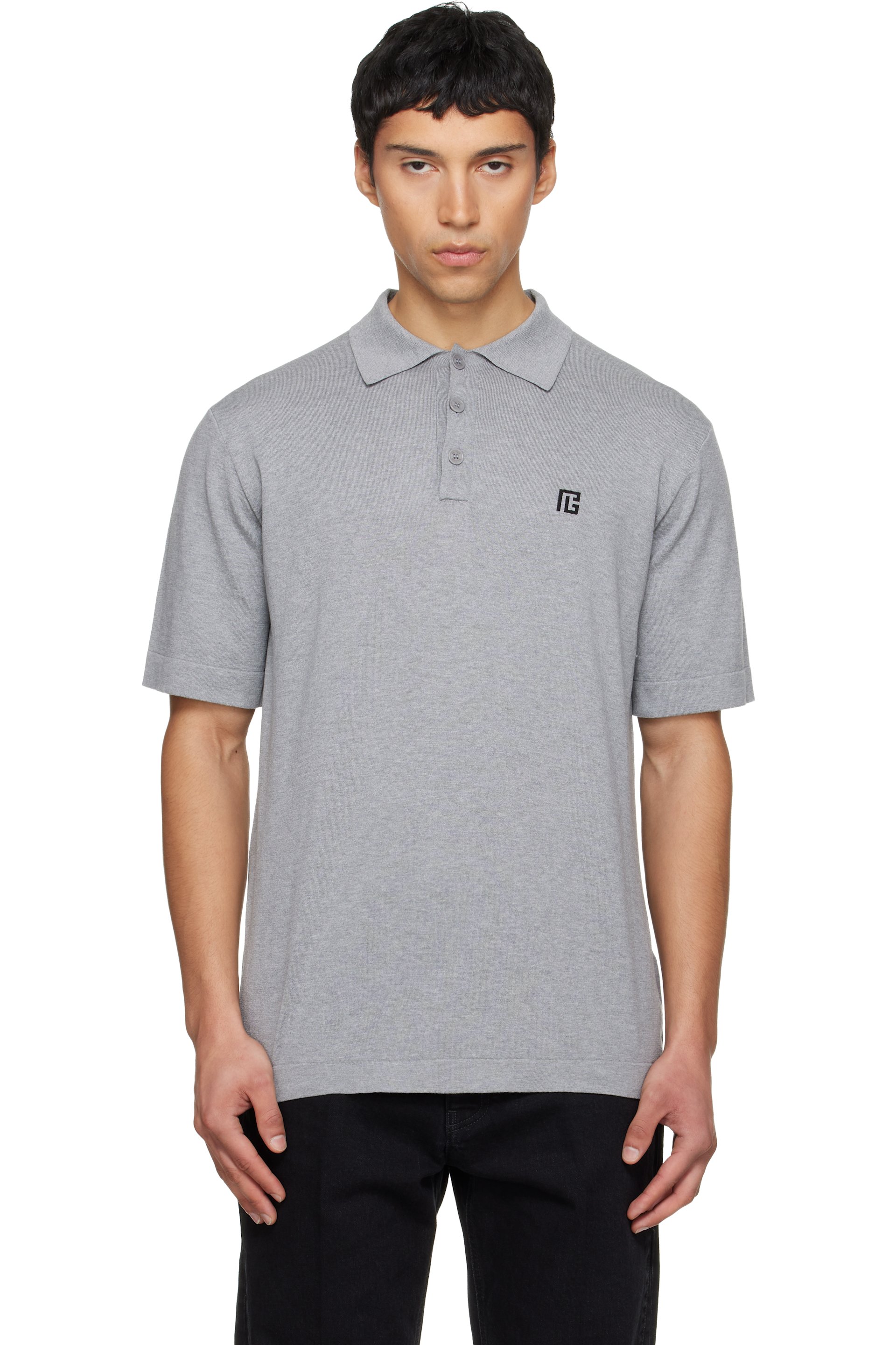 BALMAIN - Gray Embroidered Cotton Polo