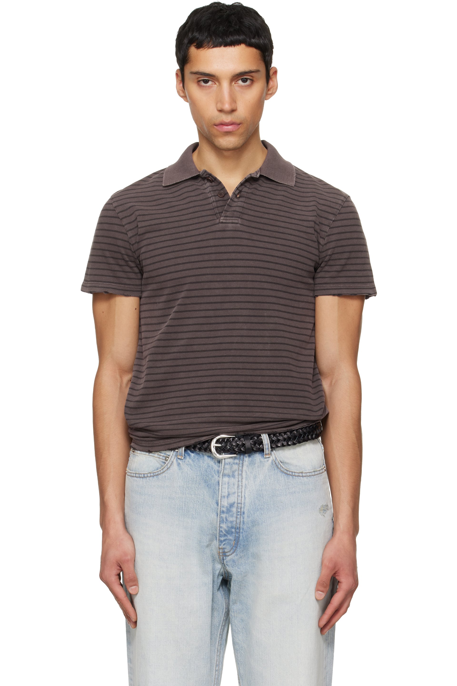 TONYWACK - Brown Garment Dyed Stripe Pique Polo