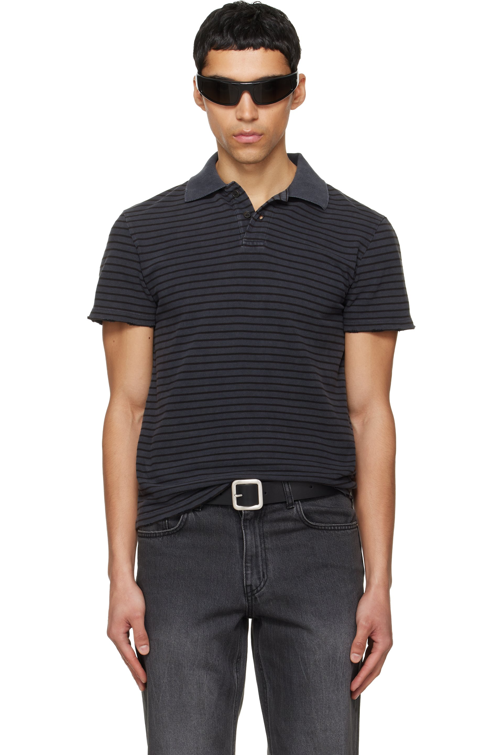 TONYWACK - Black Garment Dyed Stripe Pique Polo