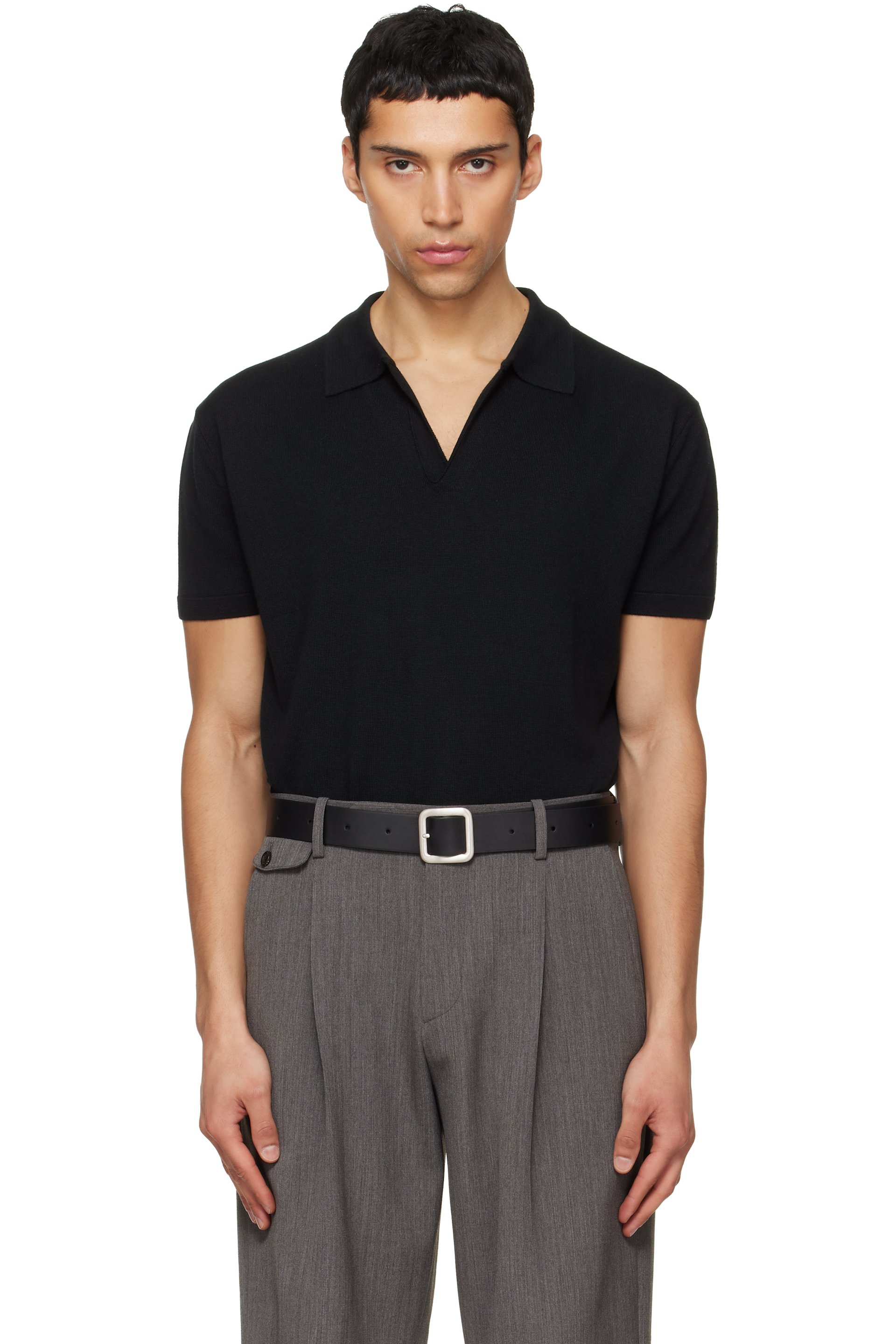TONYWACK - Black Silk Cashmere Open Collar Knit Polo