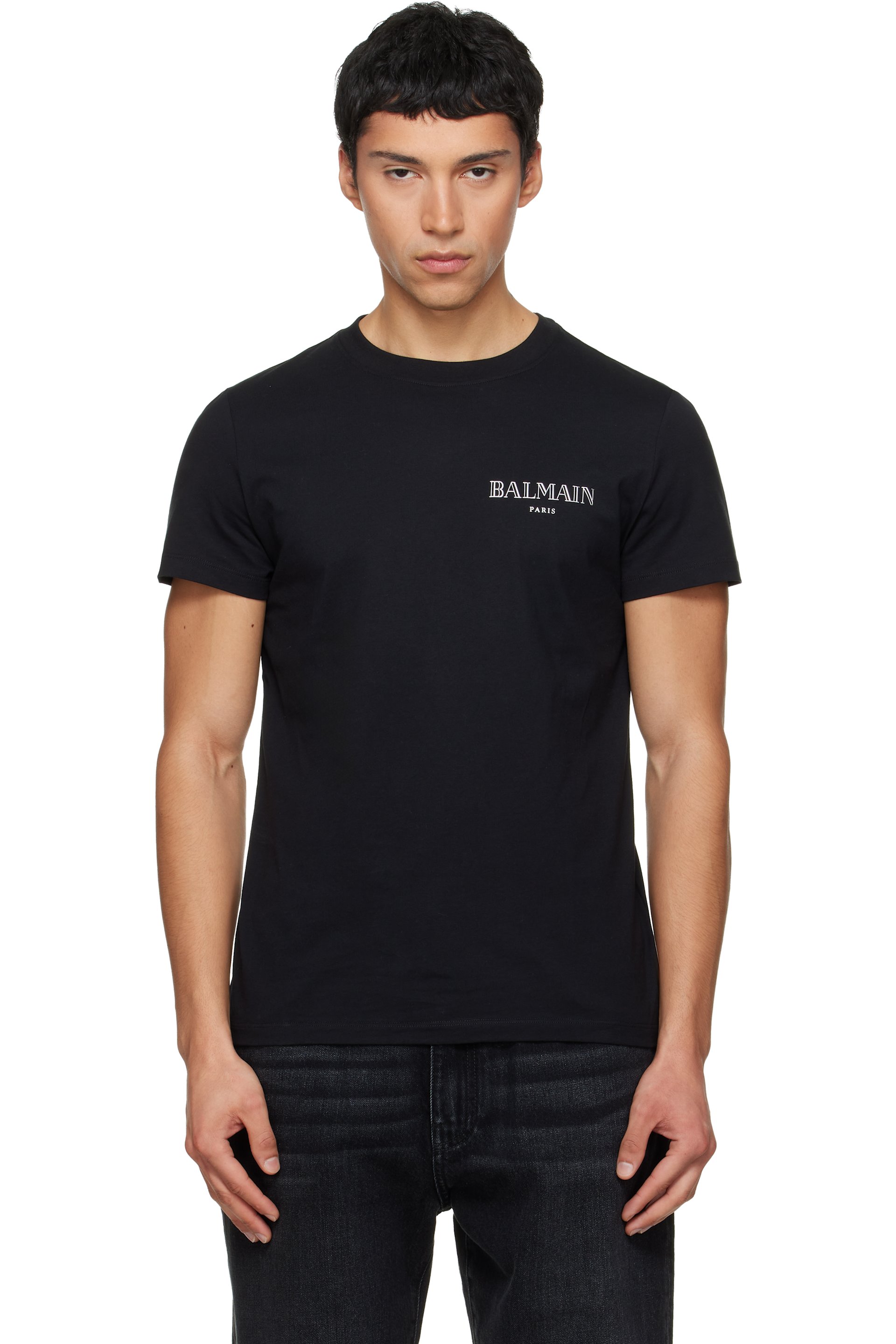 BALMAIN: Black Vintage Gel 'Balmain' Logo T-shirt | SSENSE
