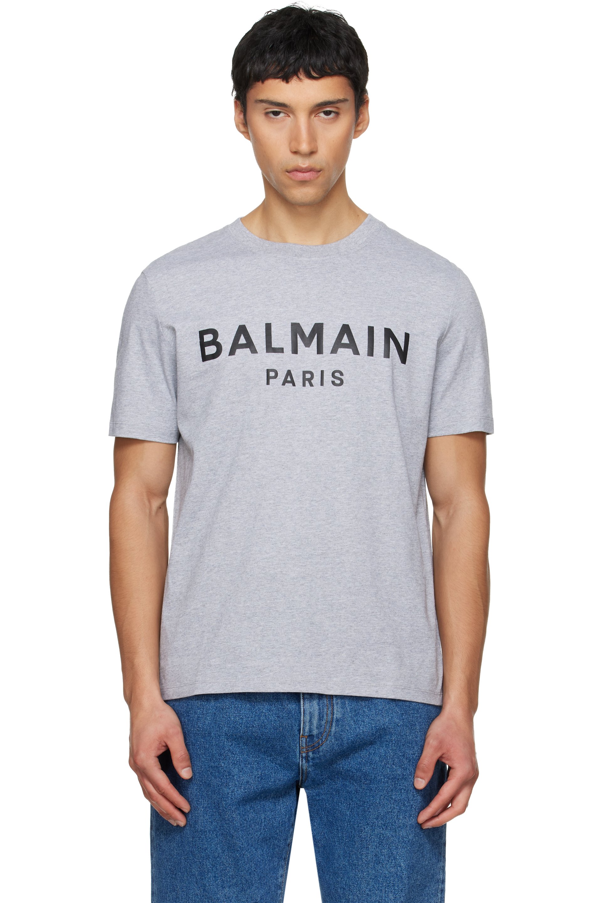BALMAIN - Gray Printed Cotton T-shirt